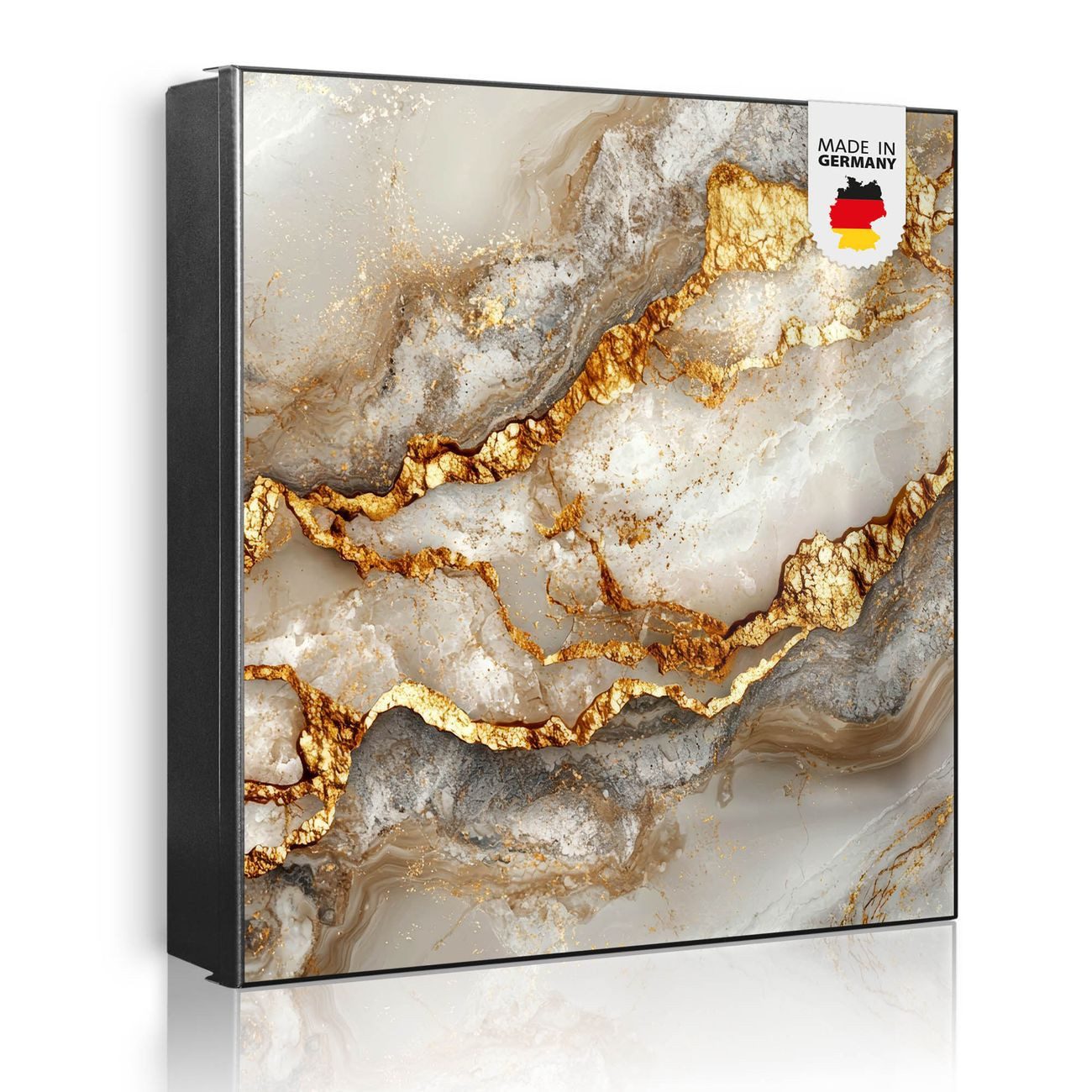 banjado Schlüsselkasten aus Metall mit Motiv Weißer Marmor mit Gold 2 (Stahl Gehäuse, mit 32 Haken, beschreibbar & magnetisch), 30 x 30 x 5 cm