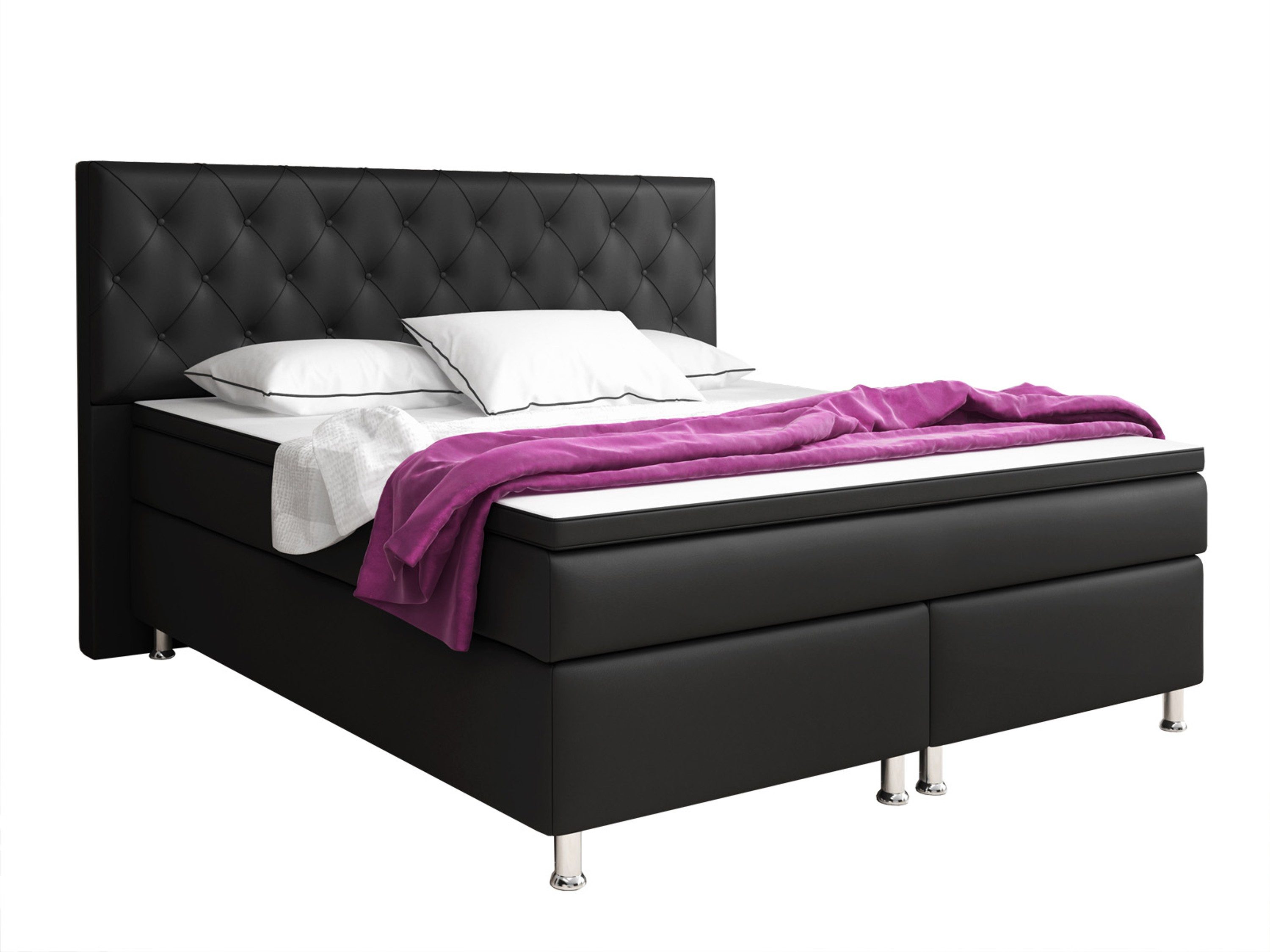 inter Boxspringbett Turin mit 7 Zonen Taschenfederkernmatratzen und Topper (180x200cm, Schwarz mit 7 Zonen Taschenfederkernmatratzen und Topper), Taschenfederkern-Komfort, gepolstertes Kopfteil, inklusive Matratzen