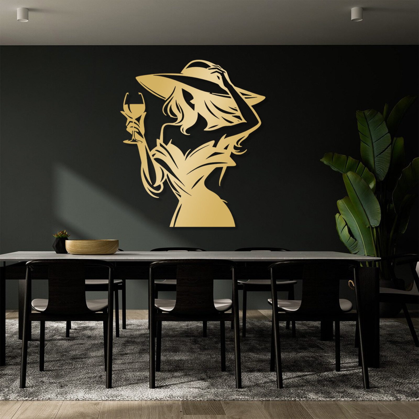 Jumpeak Wanddekoobjekt Elegante Wanddekoration für Damen, Weinglas, Hut, Linienkunst, Metall, 4 Farben, 2 Größen, Wanddekoration für das Wohnzimmer,Romantik