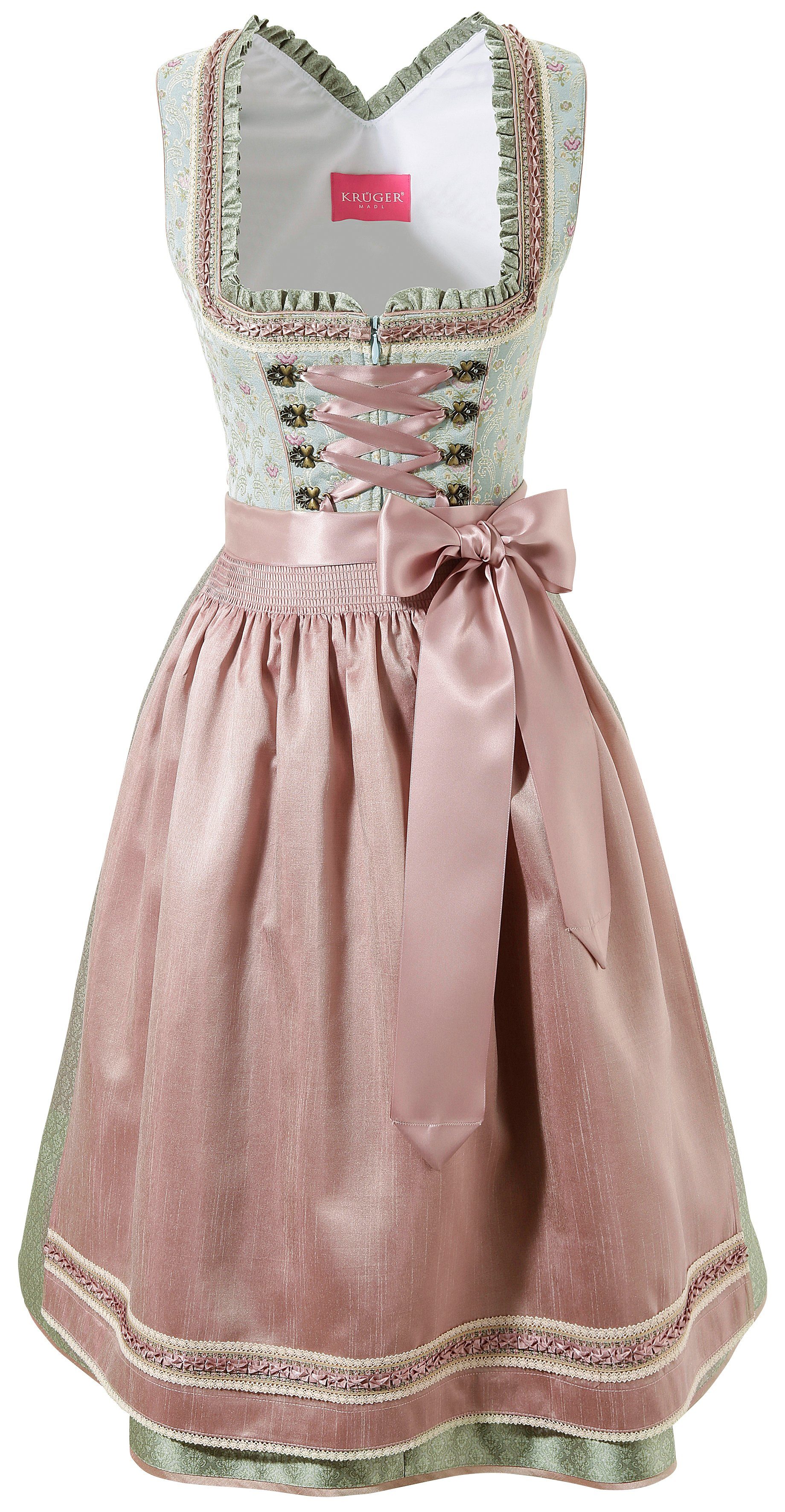 Krüger Madl Dirndl midi mit Satinbandschnürung, Rüschen und Borten ...