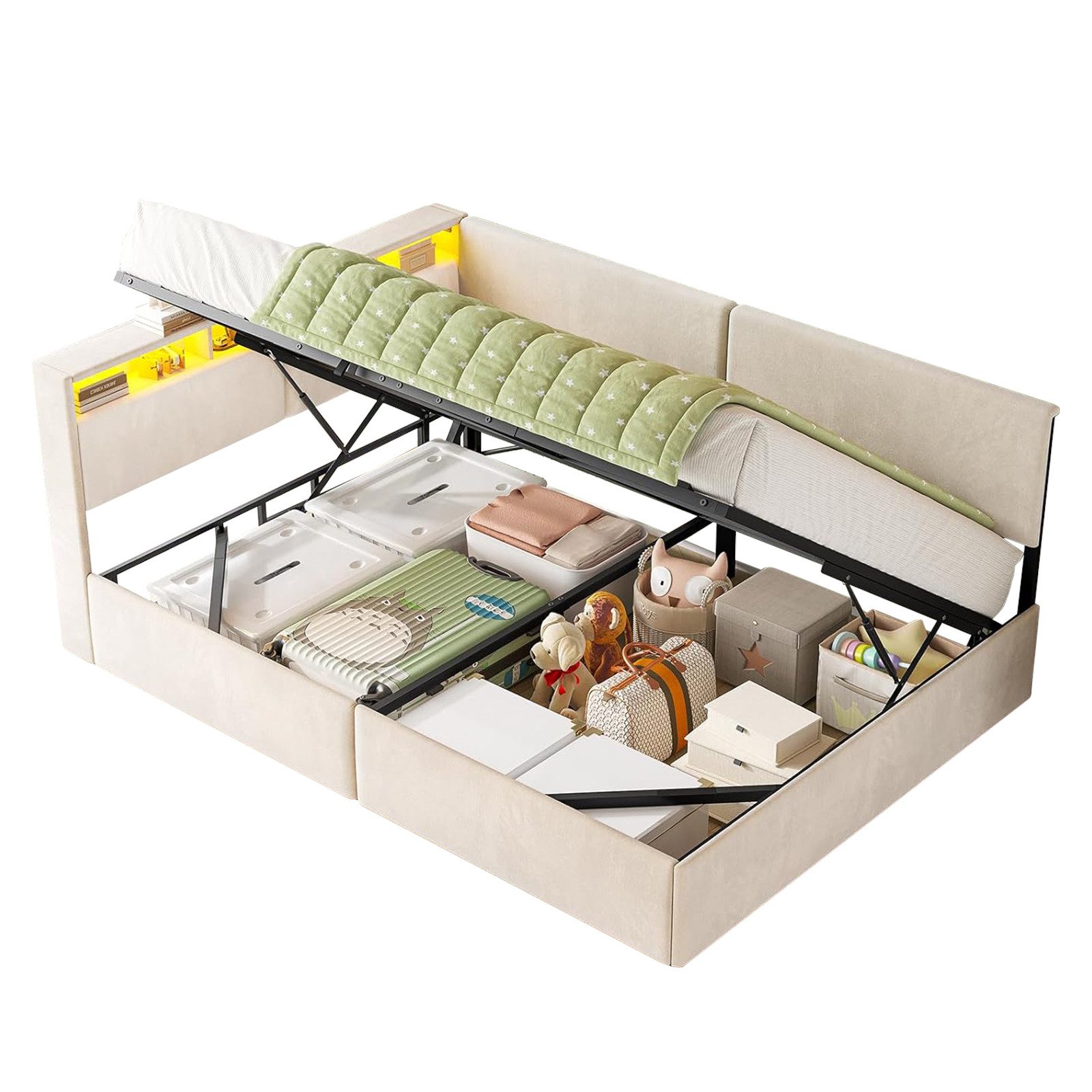 MSMASK Daybett Tagesbett mit LED-Kopfteil, Polsterbett Schlafsofa 140 x 200 cm mit USB-Anschlüssen