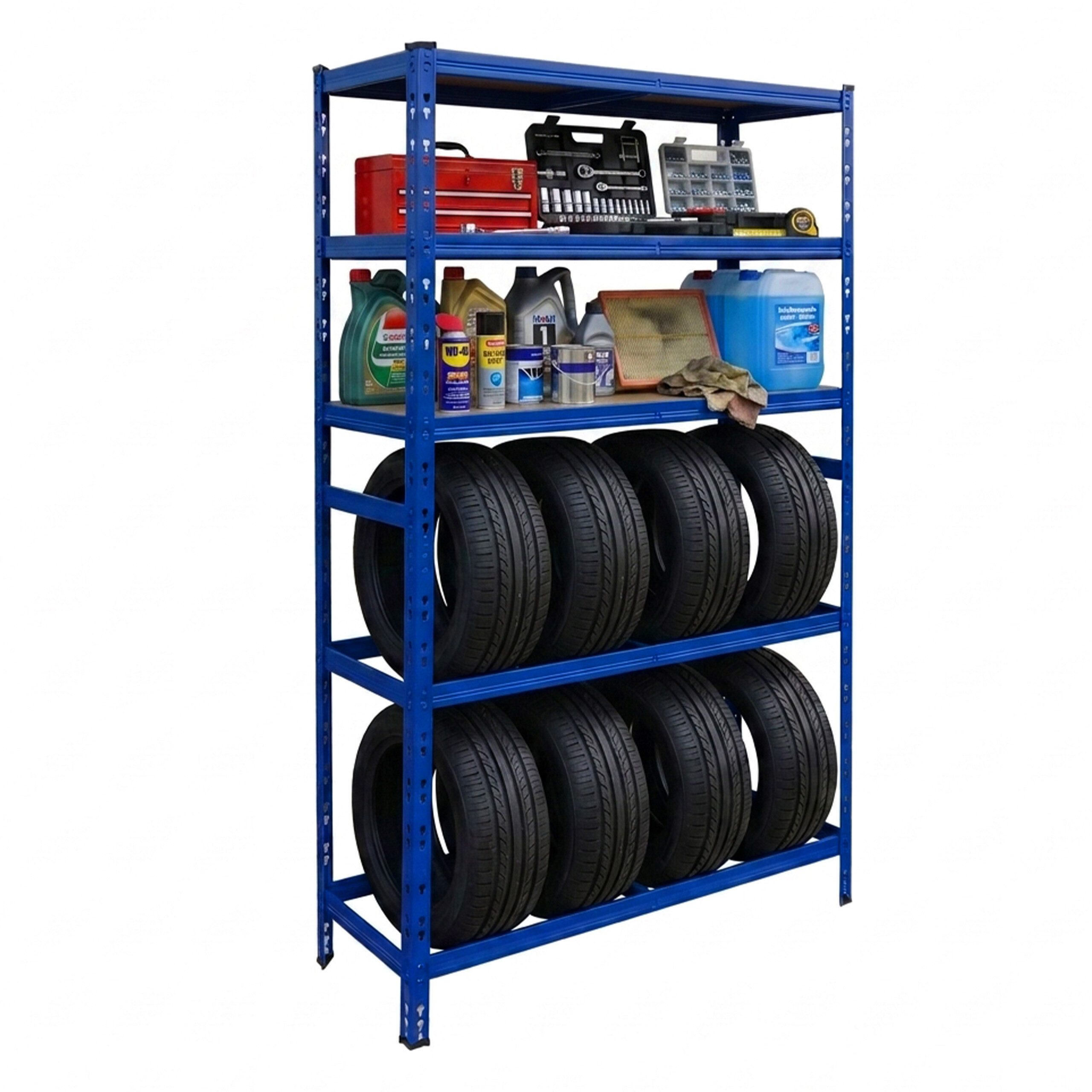 relaxdays Schwerlastregal Reifenregal mit 3 Ablagen, 1-tlg., blau, 8 Reifen
