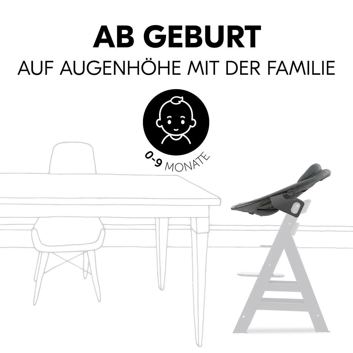 Hauck Hochstuhl Alpha Plus Black Newborn Set Premium (Set), Holz Babystuhl ab Geburt inkl. Aufsatz für Neugeborene & Sitzauflage