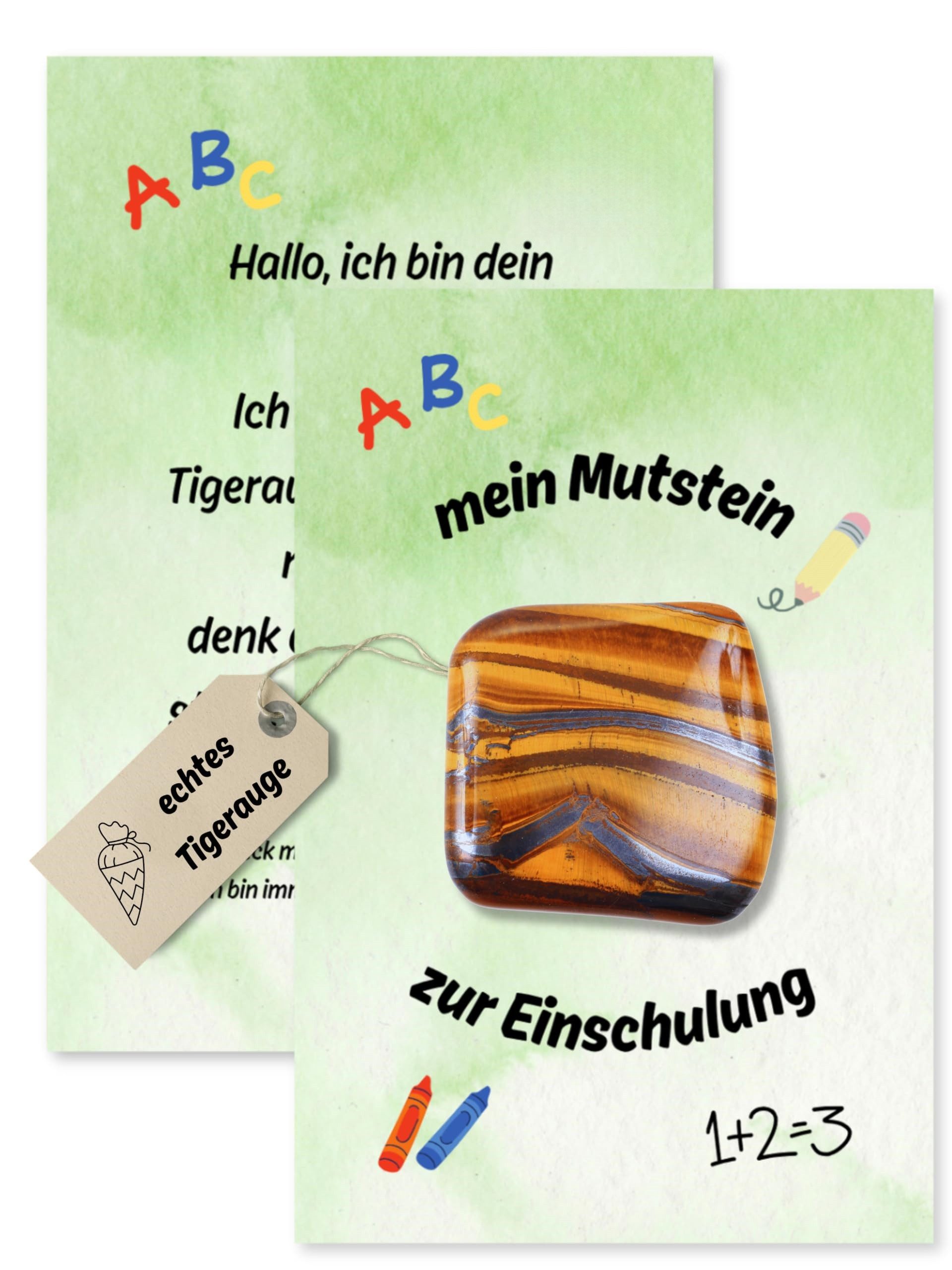 FOUORTUNATE-BEE Edelstein Tigerauge Mutstein mit KarteEinschulung Geschenk für Kinder Schulstart, FürSchultüte Schulranzen Schulbeginn Mitgebsel Motivation Geschenk Set