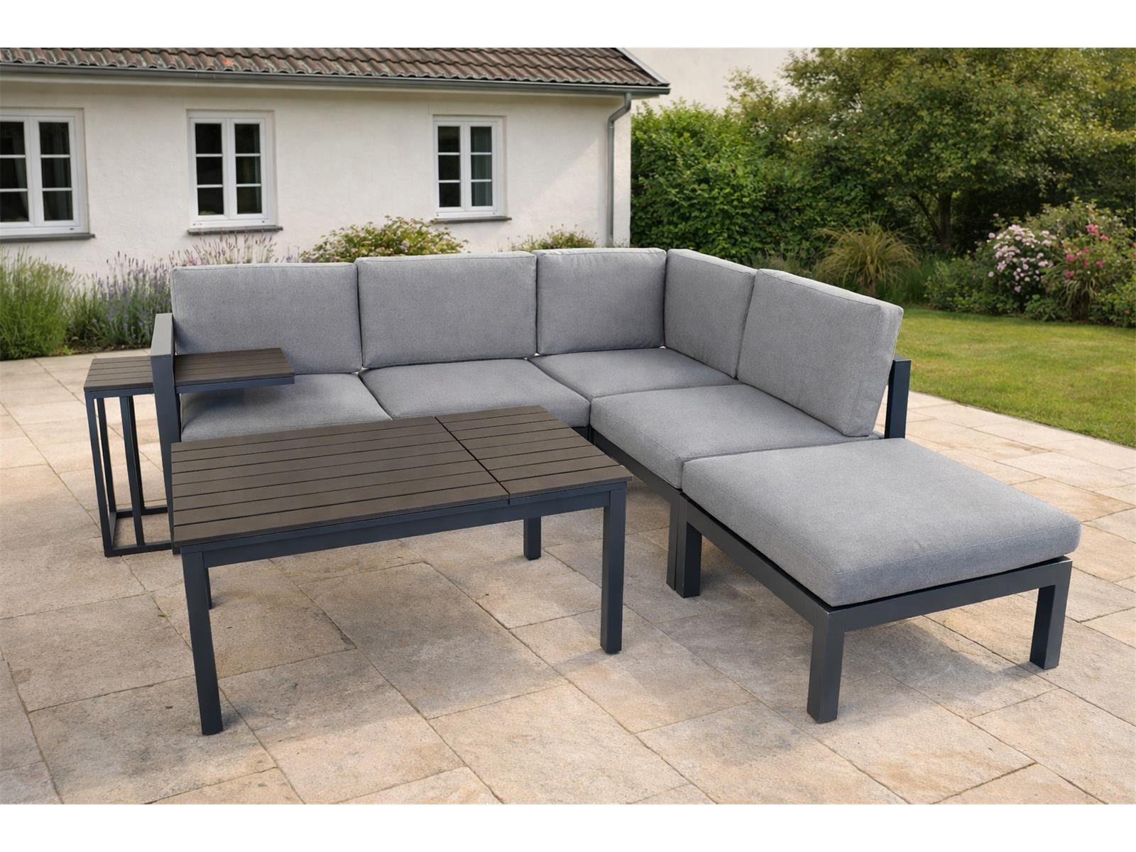Green Spirit Loungeset Porto Lounge-Set Aluminium 5 Personen, Ecklounge Loungemöbel, (Set, 5-tlg., 1x Eckbank (2x 2-Sitzer Bank), 1x Hocker, 1x Tisch, 1x Beistelltisch), Aluminium, grau, für 5 Personen, wetterfest, Garten, Terrasse, Outdoor