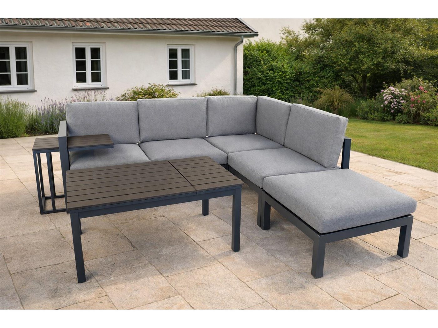 Green Spirit Loungeset Porto Lounge-Set Aluminium 5 Personen, Ecklounge Loungemöbel, (Set, 5-tlg., 1x Eckbank (2x 2-Sitzer Bank), 1x Hocker, 1x Tisch, 1x Beistelltisch), Aluminium, grau, für 5 Personen, wetterfest, Garten, Terrasse, Outdoor
