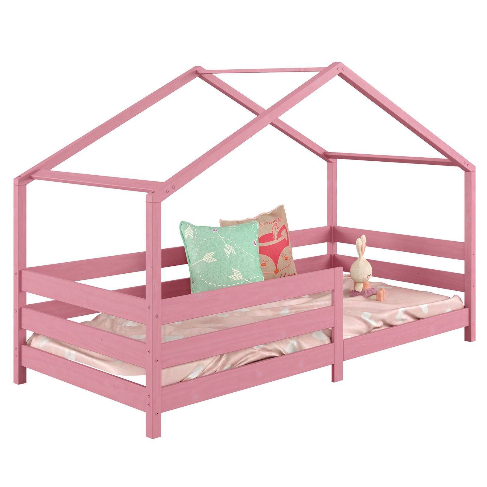 IDIMEX Kinderbett RENA, Hausbett Montessori Bett 90 x 200 Kinderbett Rausfallschutz Kiefer ros rosa