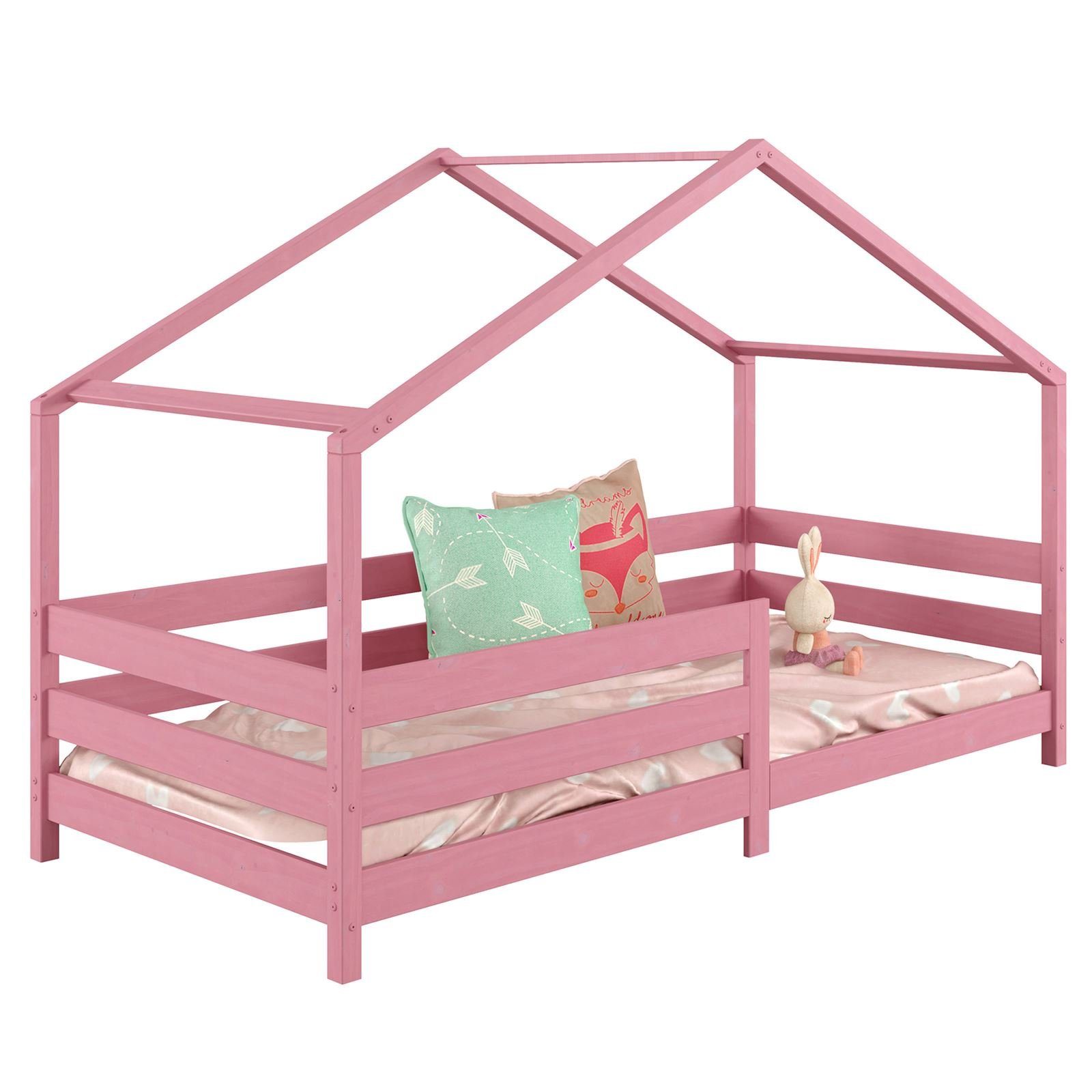 IDIMEX Kinderbett RENA, Hausbett Montessori 90 Kiefer x ros Kinderbett 200 Rausfallschutz Bett rosa