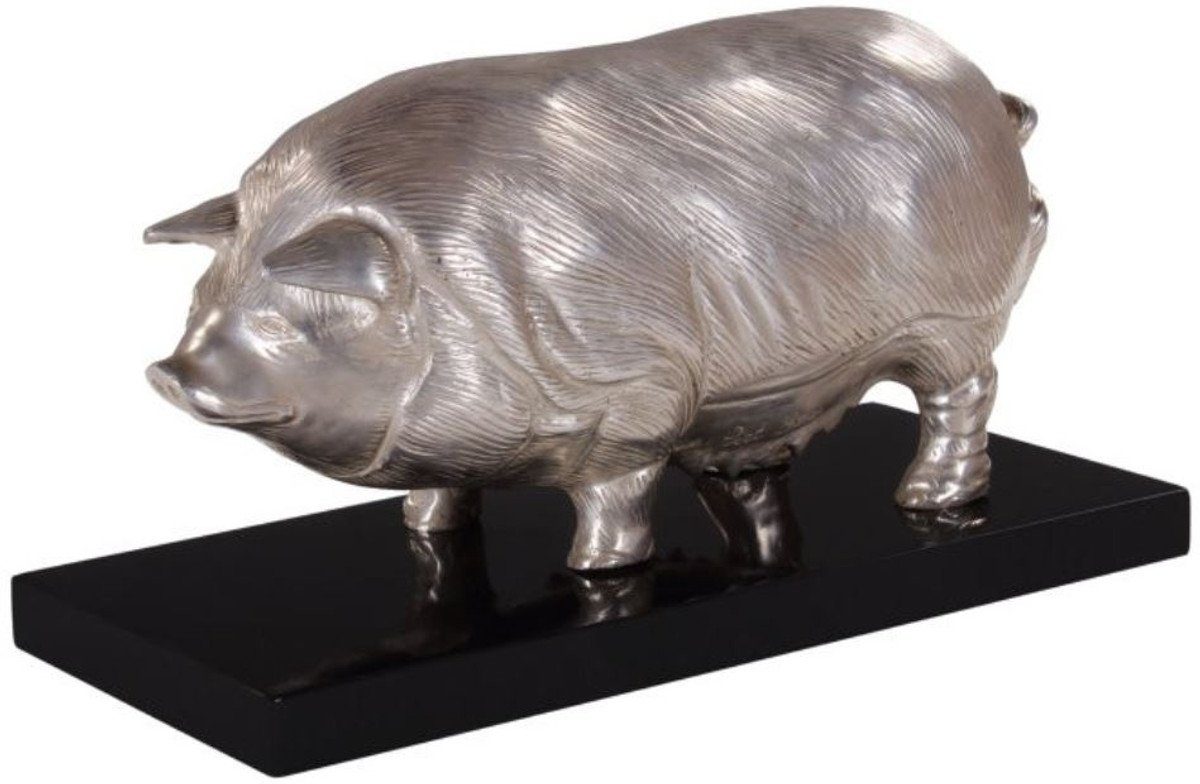 Dekofigur Holzsockel Silber Figur - Schwein x 19 Bronzefigur Versilberte 17 cm Luxus auf Schwarz 35 Padrino Casa / x H. Deko