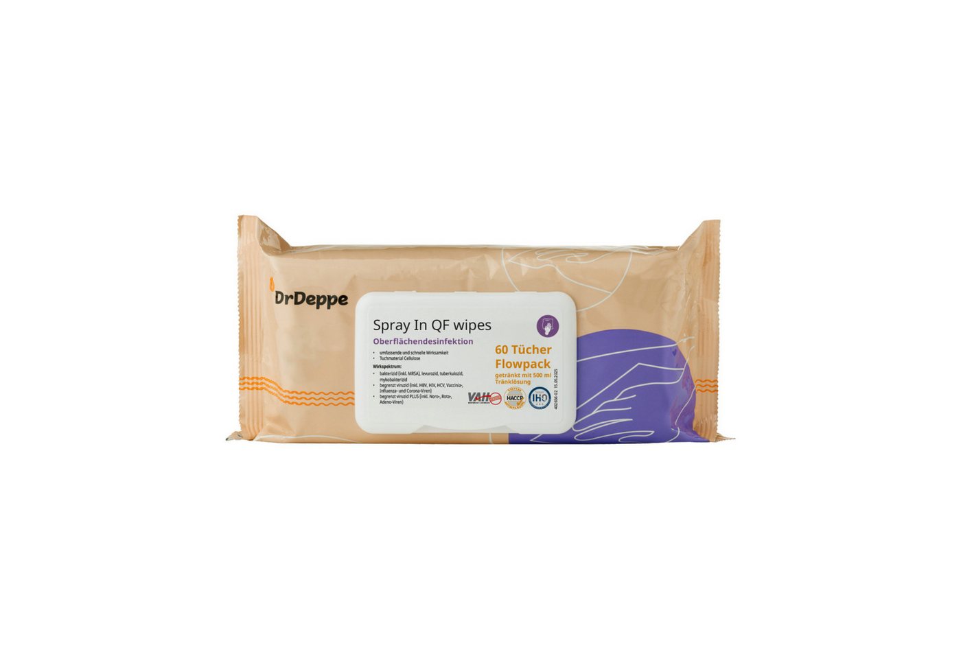 Dr.Deppe Spray In QF wipes - alkoholhaltige Flächendesinfektionstücher Reinigungstücher (Flowpack, 60-tlg)