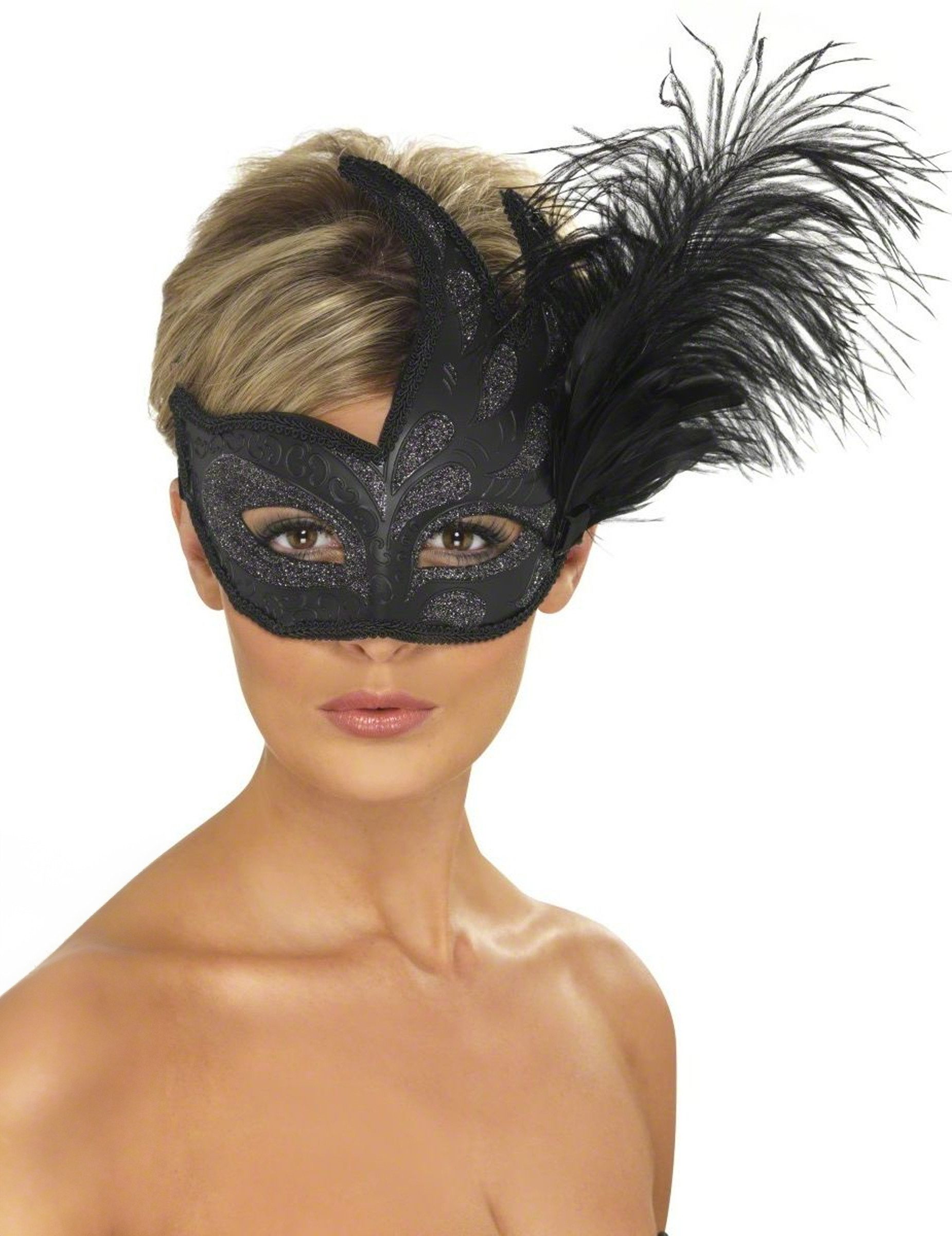 Smiffys Partyanzug Venezianische Augenmaske Glitzer Federn schwarz