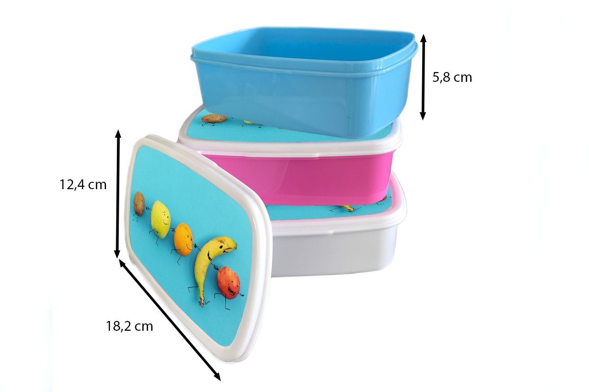 Brotbox Mädchen, (2-tlg), Obst MuchoWow Blau, - Erwachsene, Snackbox, Kunststoff, für - Kunststoff Smiley Kinder, rosa Brotdose Lunchbox