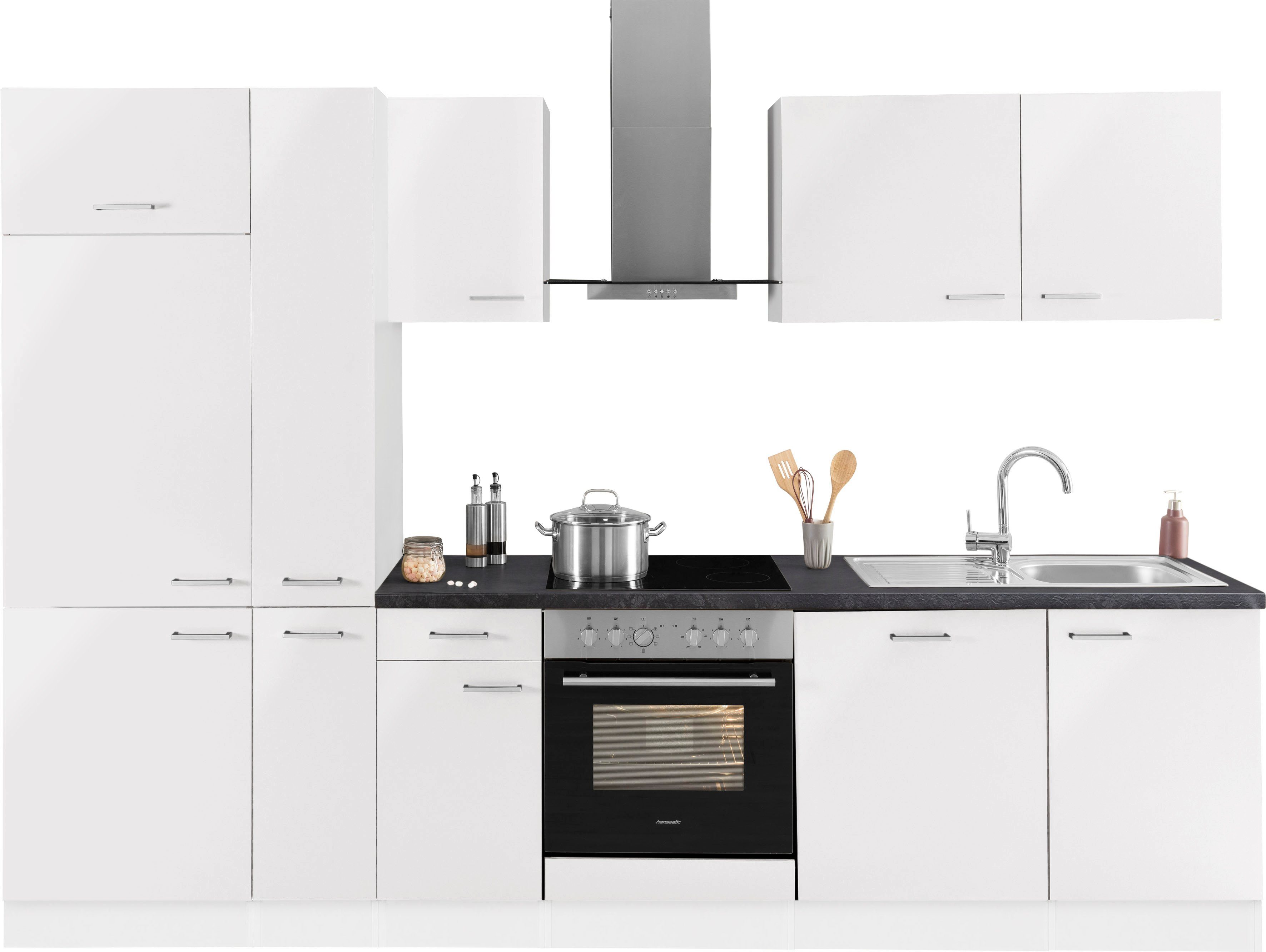 OPTIFIT Küchenzeile Iver, 300 cm breit, inklusive Elektrogeräte der Marke HANSEATIC weiß seidenglanz | weiß