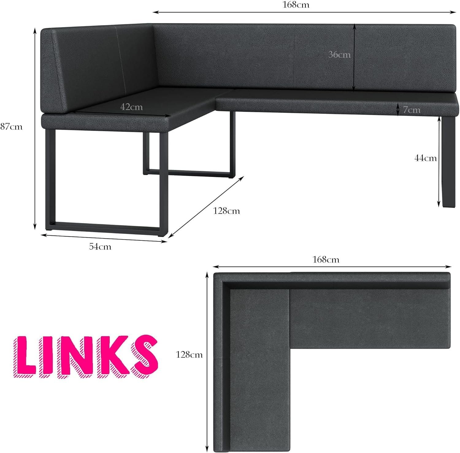 Zwei ALINA sofa4you Küche, Größen Metall, perfekt 128x168/142x196 Eckbank Esszimmer, für schwarz Wohnzimmer.