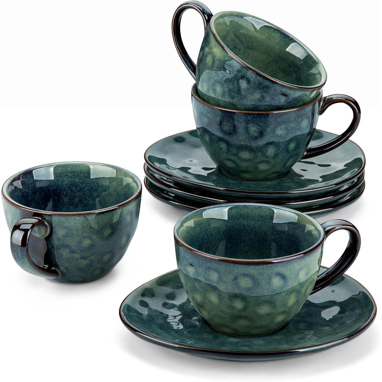 LuxusKollektion Kaffeeservice Kaffeeservice Steingut 8Tlg Kaffeetassen 8-teiliges Kaffeeservice Grün