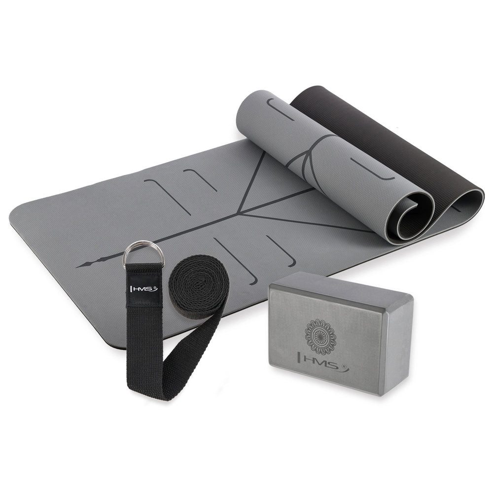 HMS Yogamatte Yogaset Trainingsmatte Yogablock (Spar-Set, 1-St., 182 x 61 x 1 cm 3-teilig), TPE-Matte, EVA-Yogablock, Gurt, rutschfest