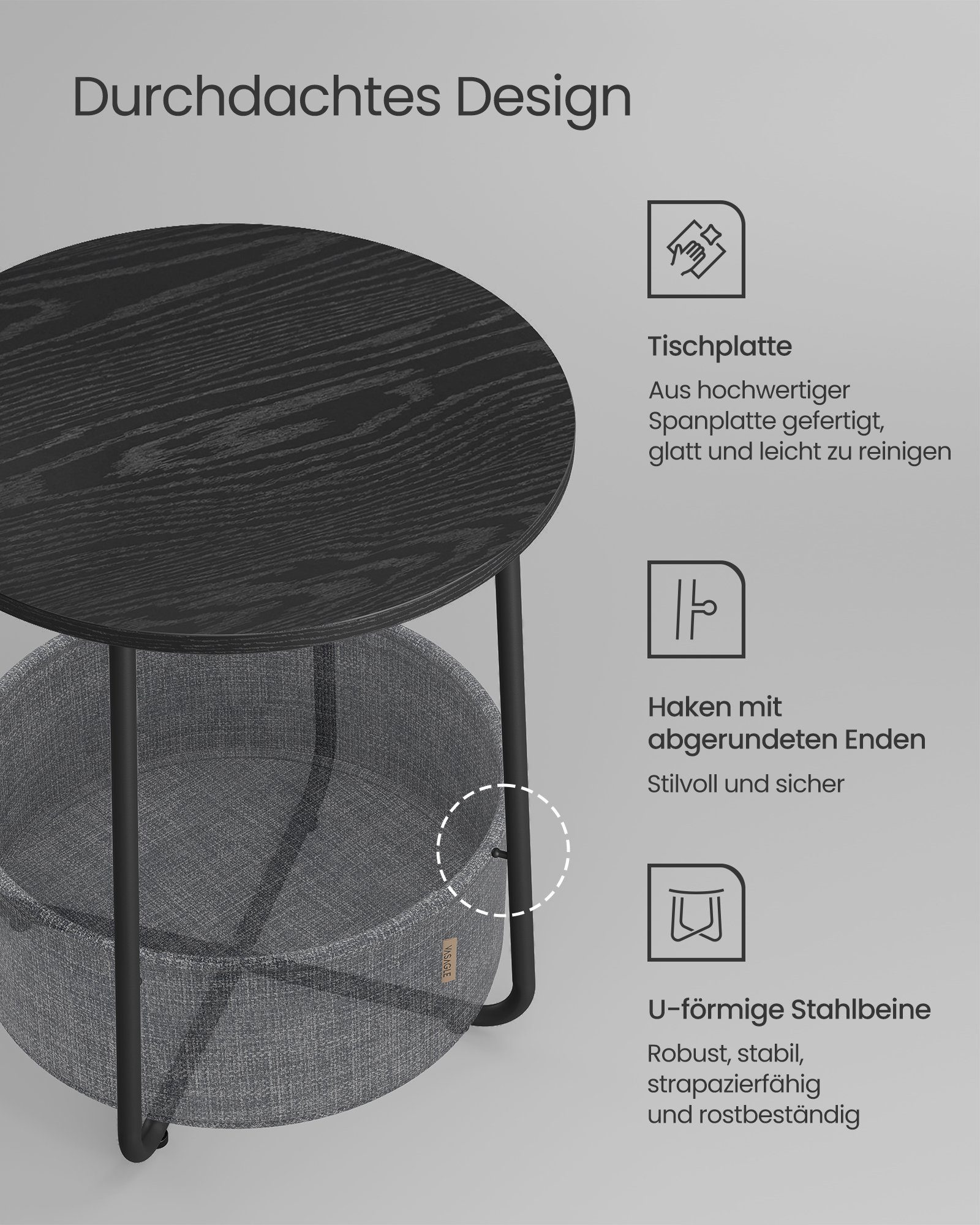 VASAGLE Beistelltisch kleiner Tisch Stauraum für Wohnzimmer, rund, klein, Couchtisch, Wohnzimmertisch, Korb – Bild 5 von 5
