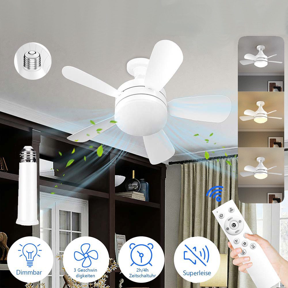 Rosnek Deckenventilator mit Beleuchtung, 43 cm Dimmbar LED Ventilator lampe mit Fernbedienung, 3 Geschwindigkeiten Klein Ventilator Mit Verlängerungsstange, Timer