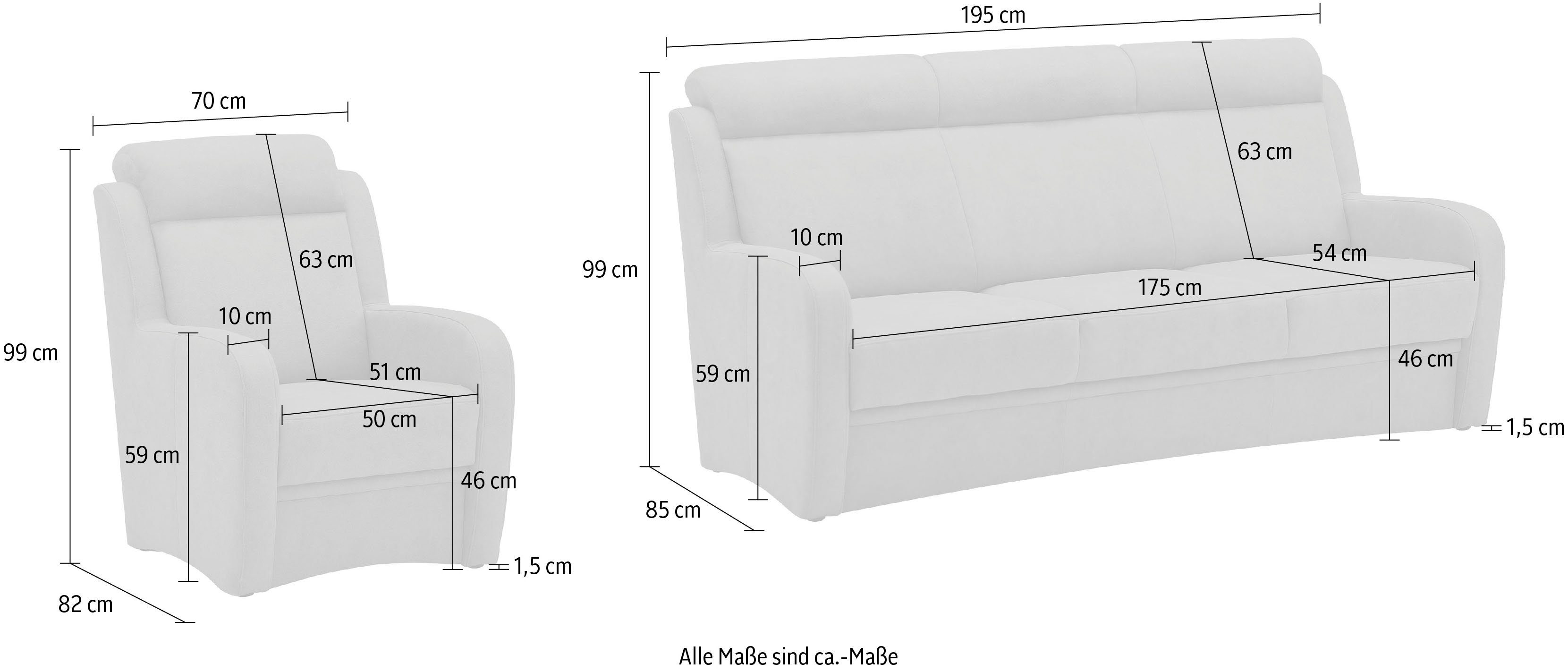 BECK und 46 Kopfteilverstellung, in 3-Sitzer Sessel, Sitzhöhe VILLA Set Varese, 2x aus (3-tlg), Polstergarnitur