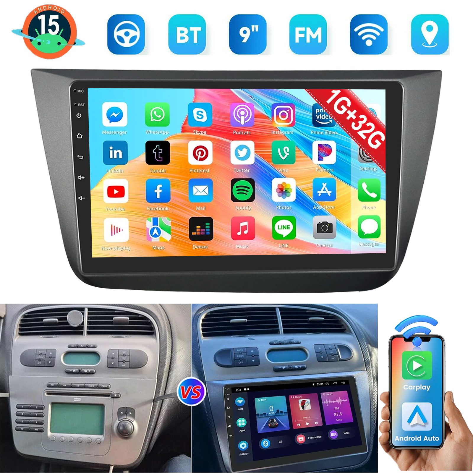 ESSGOO DAB+ Android 15 Für Seat Altea 2004-15 Carplay GPS Navi WIFI RDS Autoradio (DAB+ (optional), 4+64GB(optional), FM, AM, Carplay Android Auto Bluetooth EQ USB GPS Navi WIFI Touchscreen)