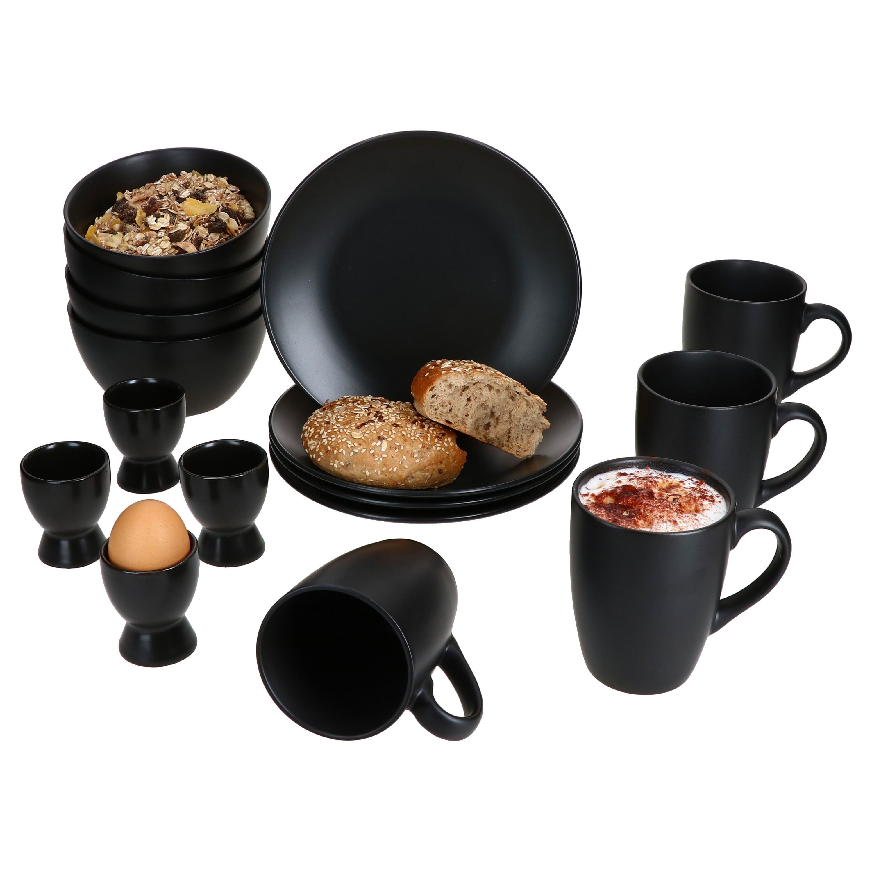 Frühstücks-Geschirrset Nero 16tlg Frühstücksset matt schwarz Steingut Teller Becher Schale