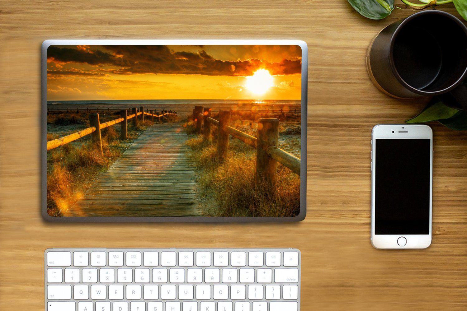 Thumbnail - MuchoWow Laptop-Aufkleber Sonne - Strand - Düne - Horizont - Gras - Weg - Orange, (1tlg), Laptop Folien Cover, Aufkleber...