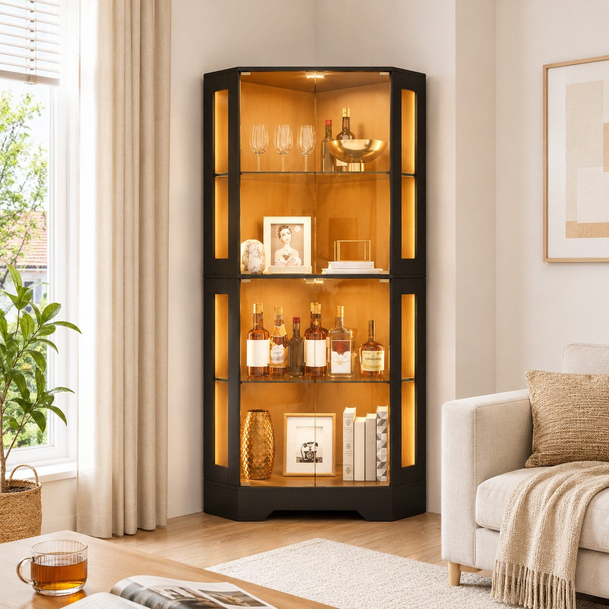 BlingBin Eckvitrine 165cm hoher Glasvitrinenschrank mit LED,Push-to-Open System (2 Packung, 1-St., moderner Weinschrank für Figuren, Sammlerstücke und Wein) 4-stufiger Sicherheitsglas-Eckschrank,für Küche & Esszimmer,Schwarz