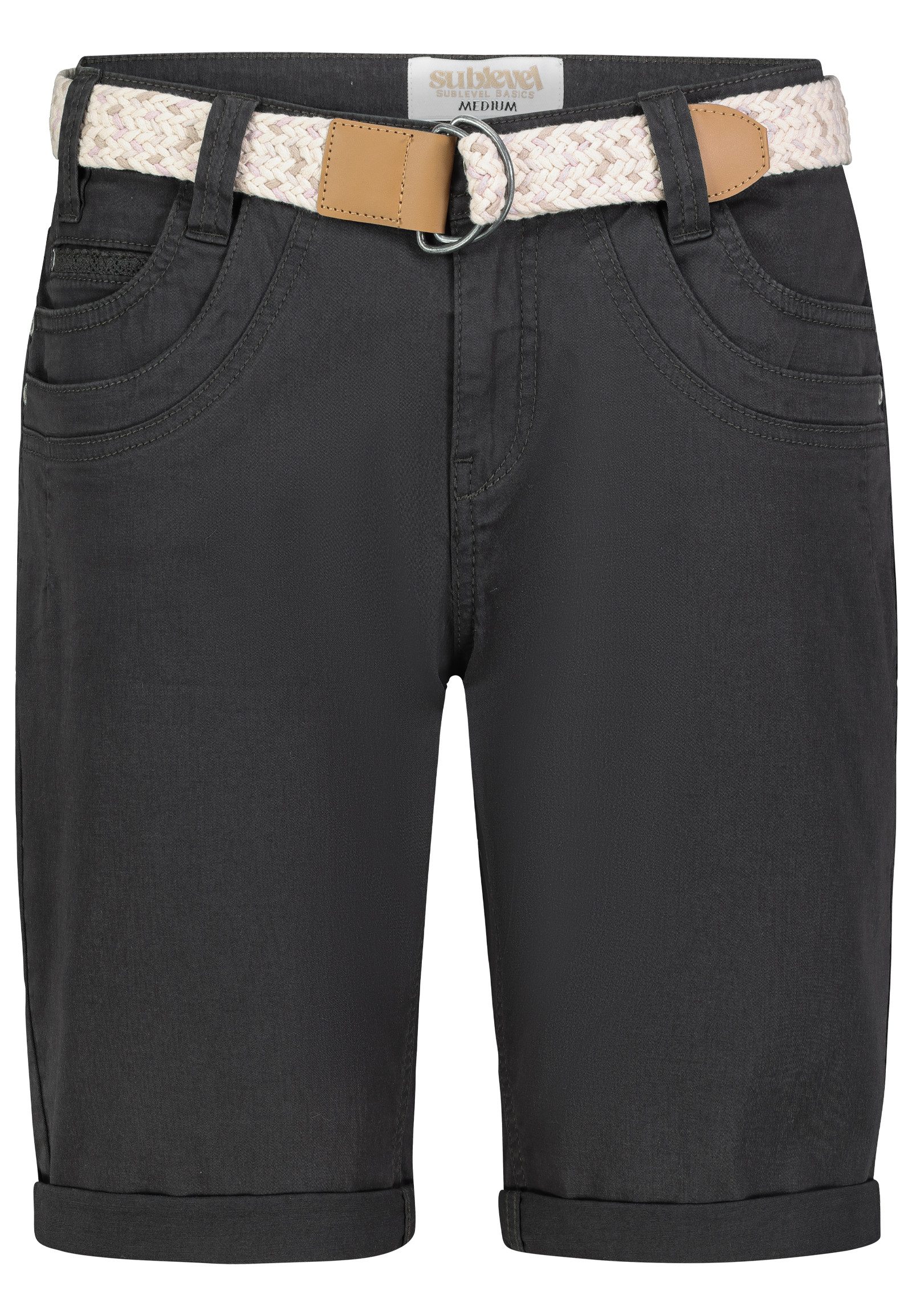 SUBLEVEL Bermudas Stretch Twill Chino Bermuda mit Gürtel für Damen Baumwolle Regular Fit unifarben atmungsaktiv Reißverschluss – Bild 3 von 5