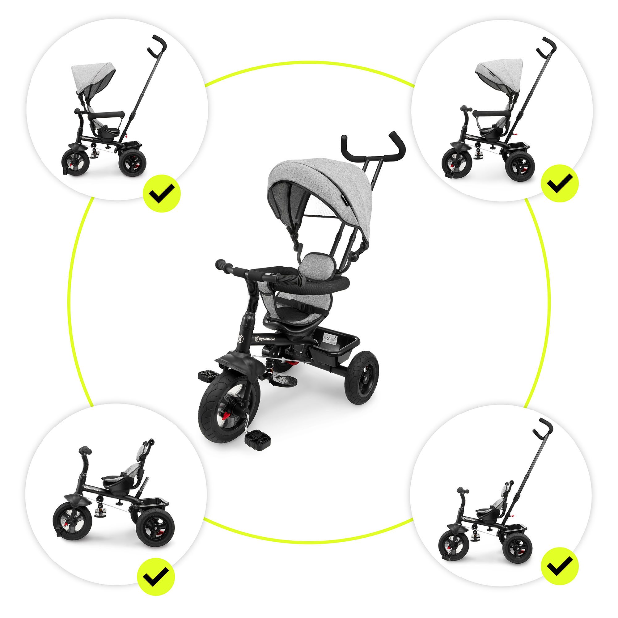 HyperMotion Dreirad für Kinder 1-4 Jahre, TOBI FREY, Grau, drehbar, Vollgummiräder