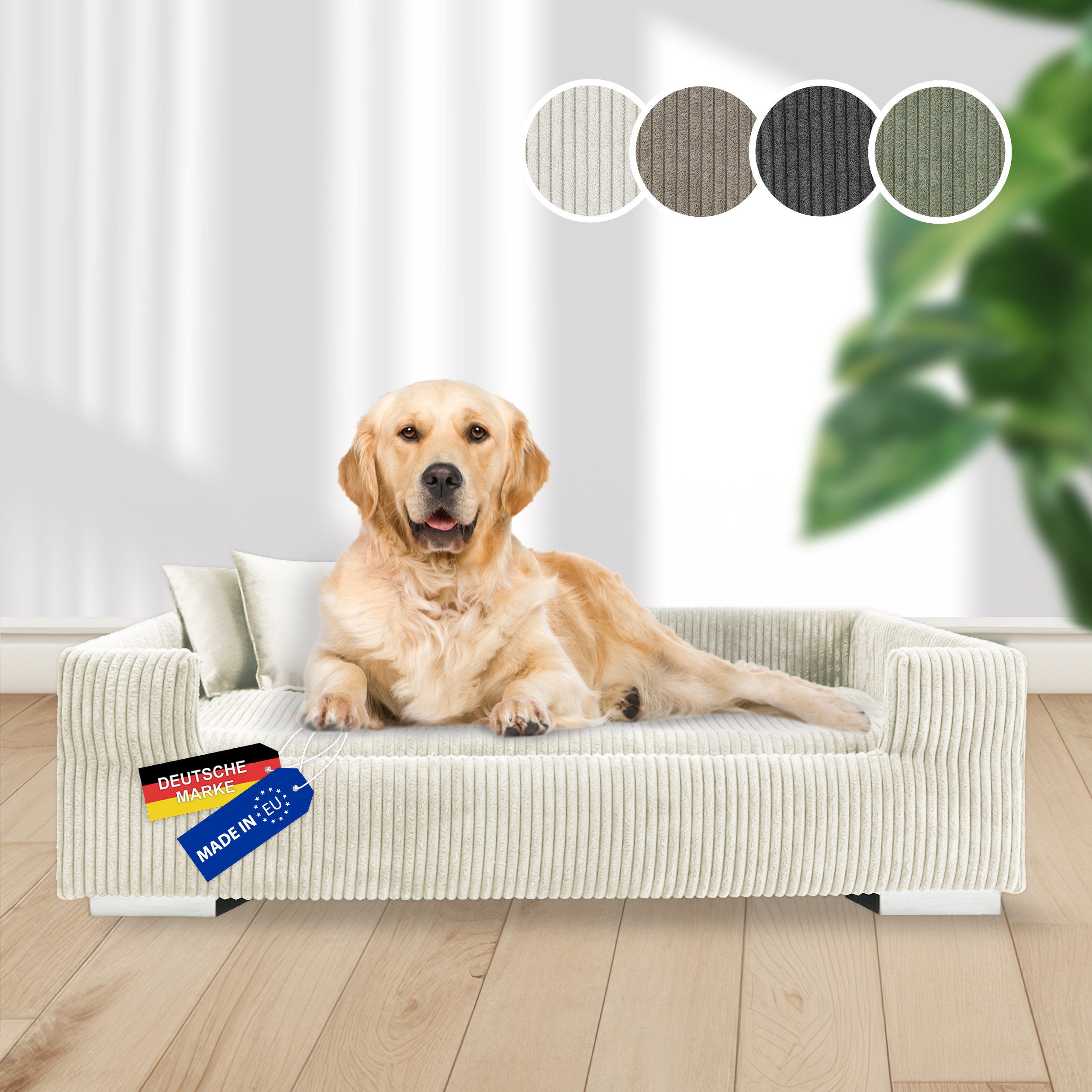 Rohrschneider Tiersofa Hundesofa Cord hoher Rand, waschbarer Bezug 4 Farben, robuster Cordstoff aus 100% Polyester, inkl. 2x Dekokissen