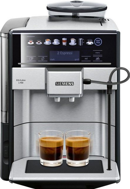 SIEMENS Kaffeevollautomat EQ.6 plus s700 TE657503DE, automatische Reinigung, zwei Tassen gleichzeitig, 4 individuelle Profile, beleuchtetes Tassenpodest, Edelstahl
