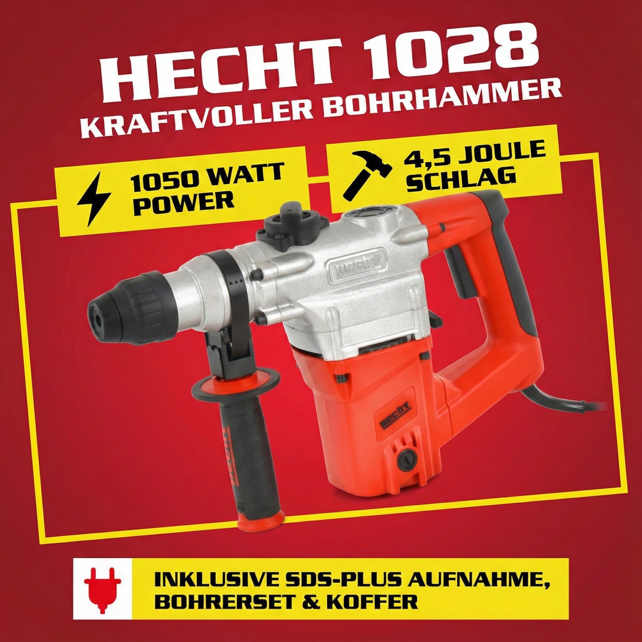 Hecht Bohrhammer mit Kabel 4250 U/min SDS-Plus, 230 V, max. 950 U/min, mit Koffer
