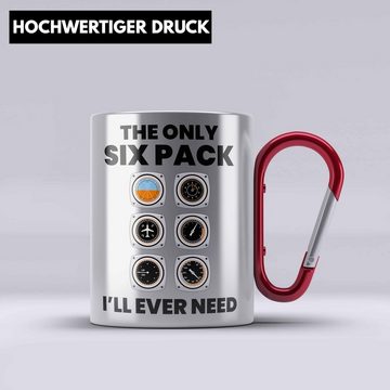 Trendation Thermotasse Trendation - Pilot Geschenk Karabiner Edelstahl Tasse Flugzeug Fliegen Geschenkidee Piloten KaffeeKarabiner Edelstahl Tasse Flugzeug Grafik Sixpack