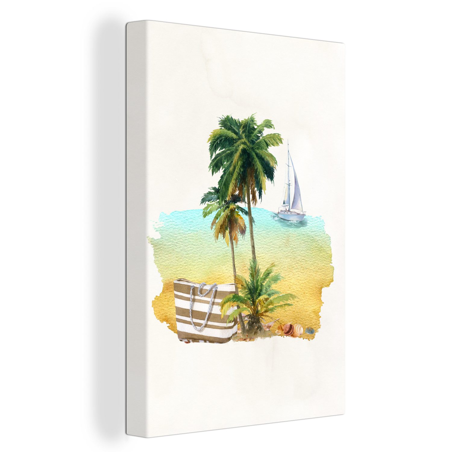 20x30 cm Palme bespannt Aquarell, (1 Gemälde, - Leinwandbild Boot St), inkl. Strand Zackenaufhänger, - fertig OneMillionCanvasses® Leinwandbild -