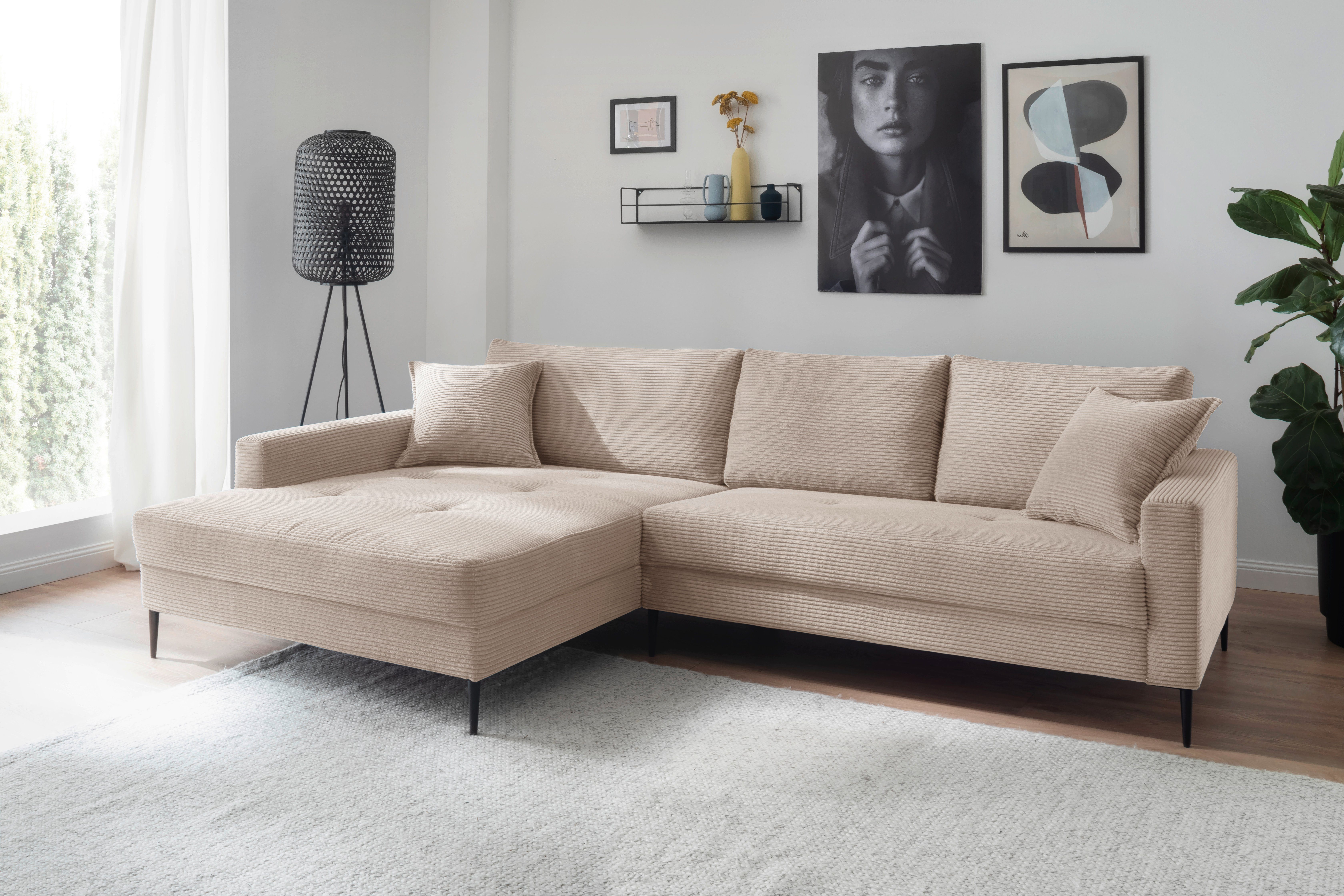 OTTO home Ecksofa Summer L-Form, B: 280cm, in Cord & Struktur, wahlweise mit Kopfstützen, schwarze Metallfüße