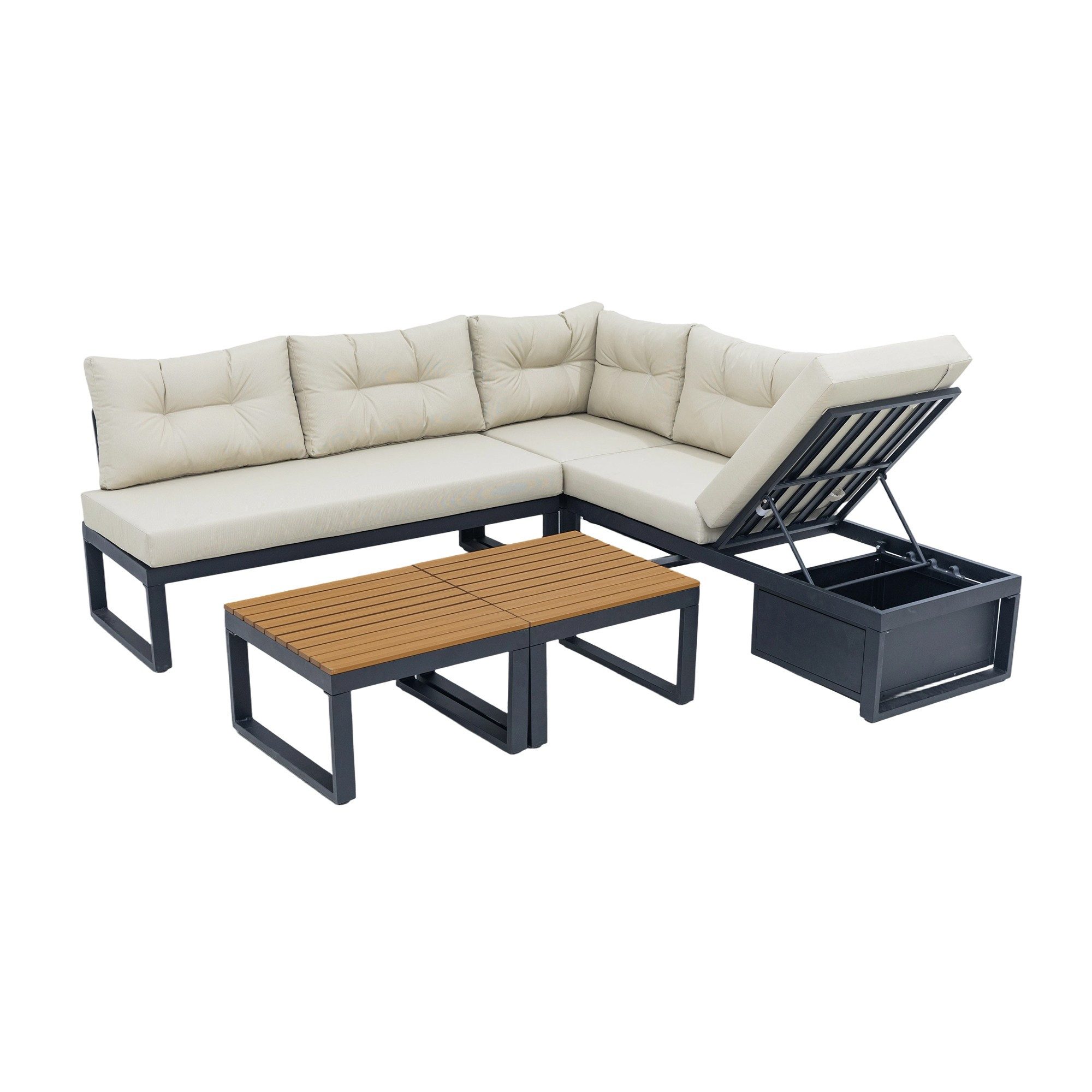 LVHOM Gartenlounge-Set kombinierbar L-/U-Form Gartenmöbel Set, XXL Metall Ecksofa, gepolstert, (1xSessel, 2x2er-Sofa(1x mit Stauraum/3-stufiger Liegefunktion), 2xTische(auch als Sitz/Hocker nutzbar), 5-tlg., Impragnierter Holz -Tischplatte, rostfrei, UV-beständig, wasserdicht), In-/Outdoor, Garten/ Wohnzimmer/ Terrassen/Pool, Hotellobbys/Ruhezonen