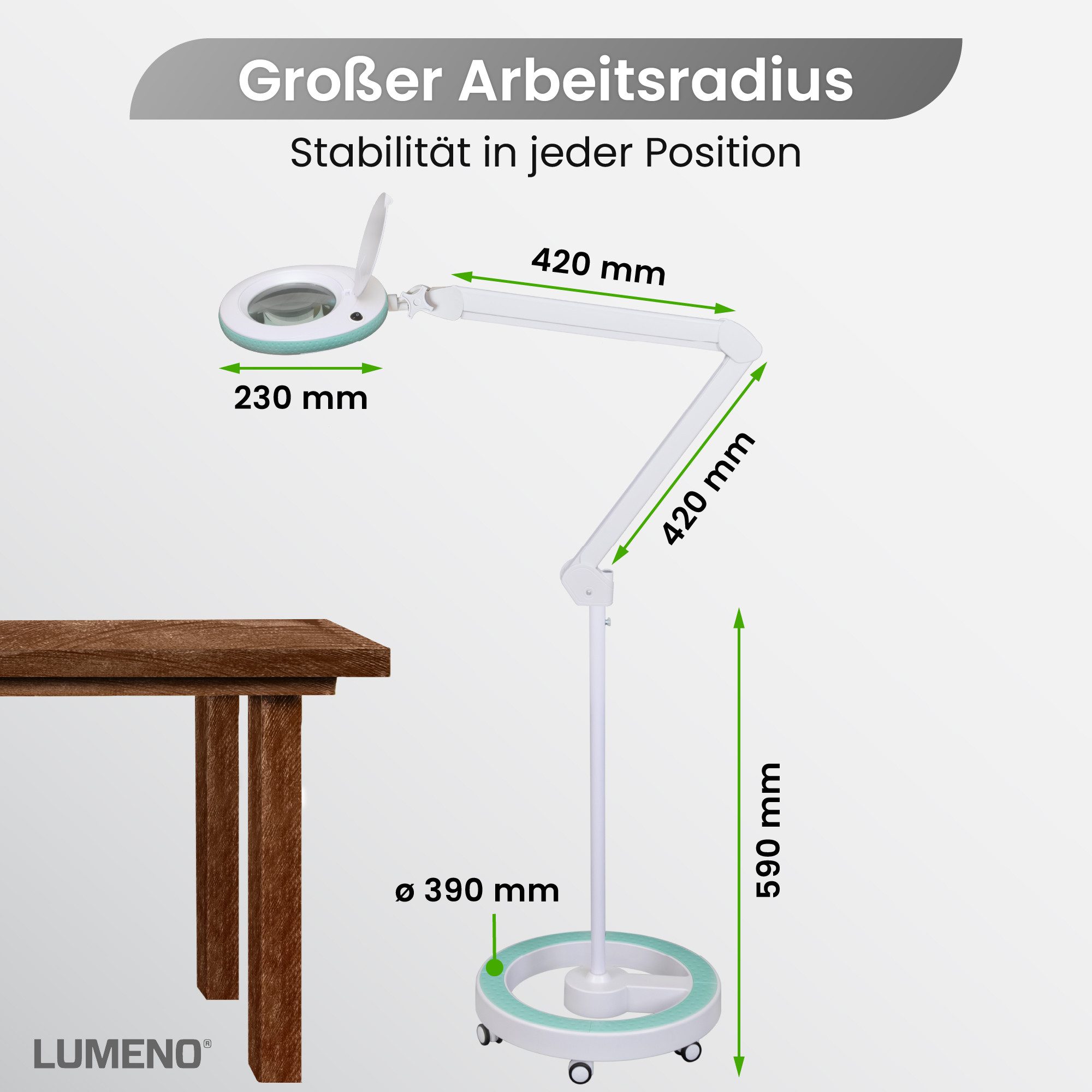 Lumeno Lupenlampe 721X LED Lupenleuchte CRI>90 mit Tischklemme und 127 mm Echtglaslinse, LED fest integriert, Kaltweiß, 6500 K, LED Leuchte
