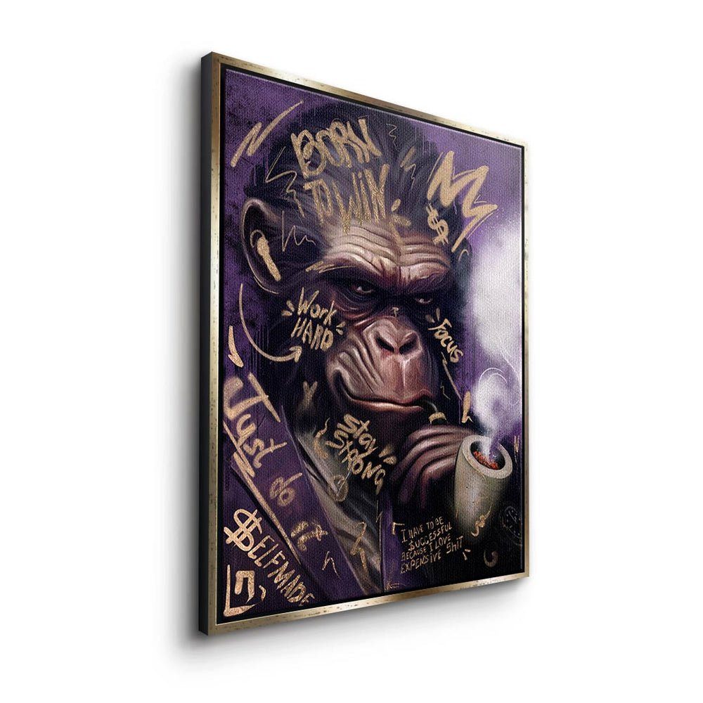 goldener Rahmen DOTCOMCANVAS® Rahmen Gorilla mit Club Gentlemen premium Affe Porträt Leinwandbild, Leinwandbild