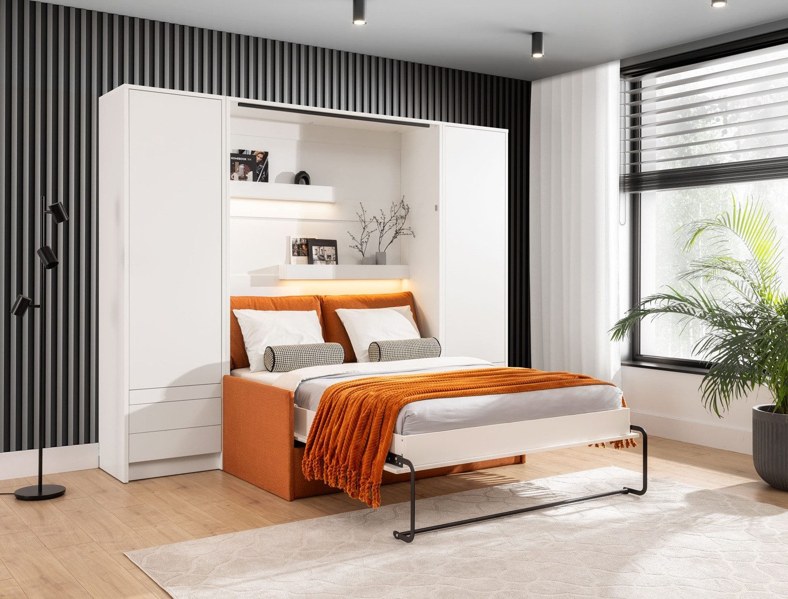 QMM TraumMöbel Schrankbett Wandbett GN 140x200 congo mit LED, 2 Schränken und Sofa (Set, 4-St., Schrankbett vertikal 140x200 mit Sofa und 2 Schränken) vertikal klappbar, mit LED-Beleuchtung mit Fernbedienung