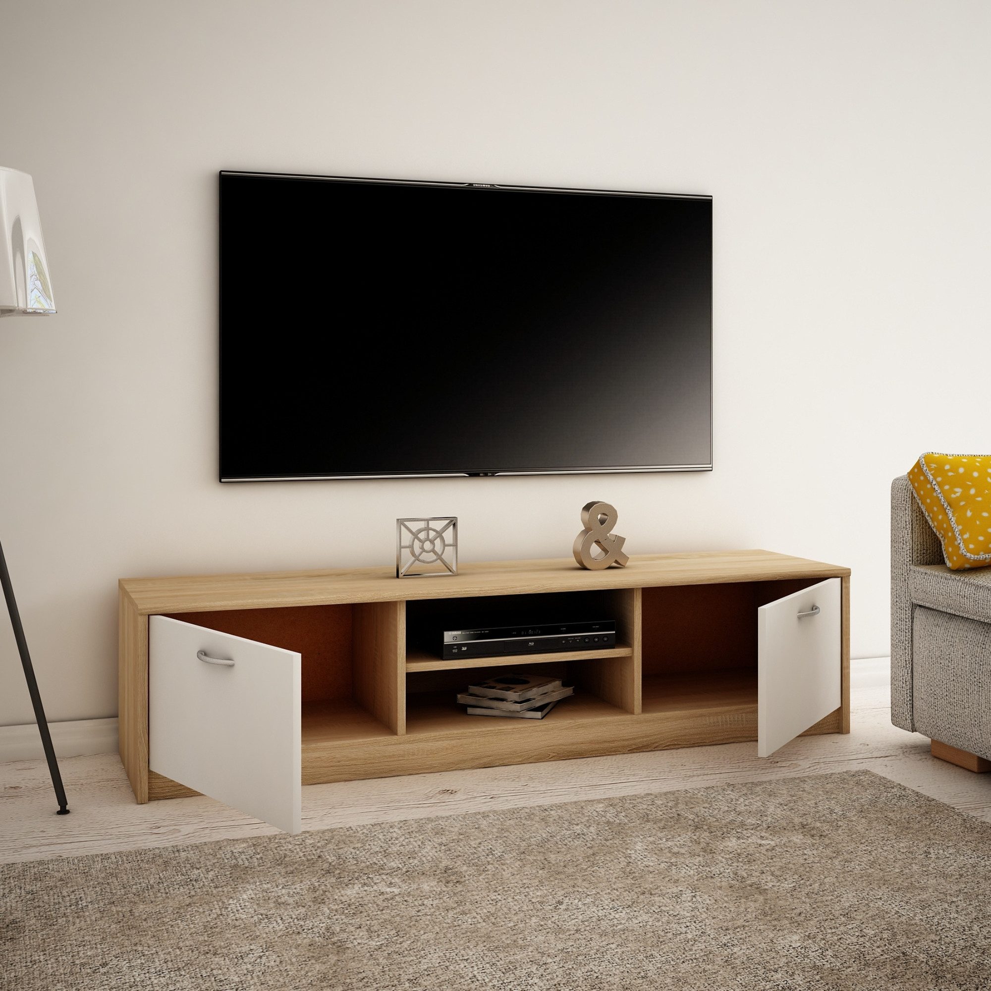 Home Collective TV-Schrank 160cm breit Lowboard mit matter Oberfläche Fernsehtisch (abgerundete Kante und Metall-Rollschienen Fernsehkommode) mit 2 Türen und 2  – Bild 3 von 5