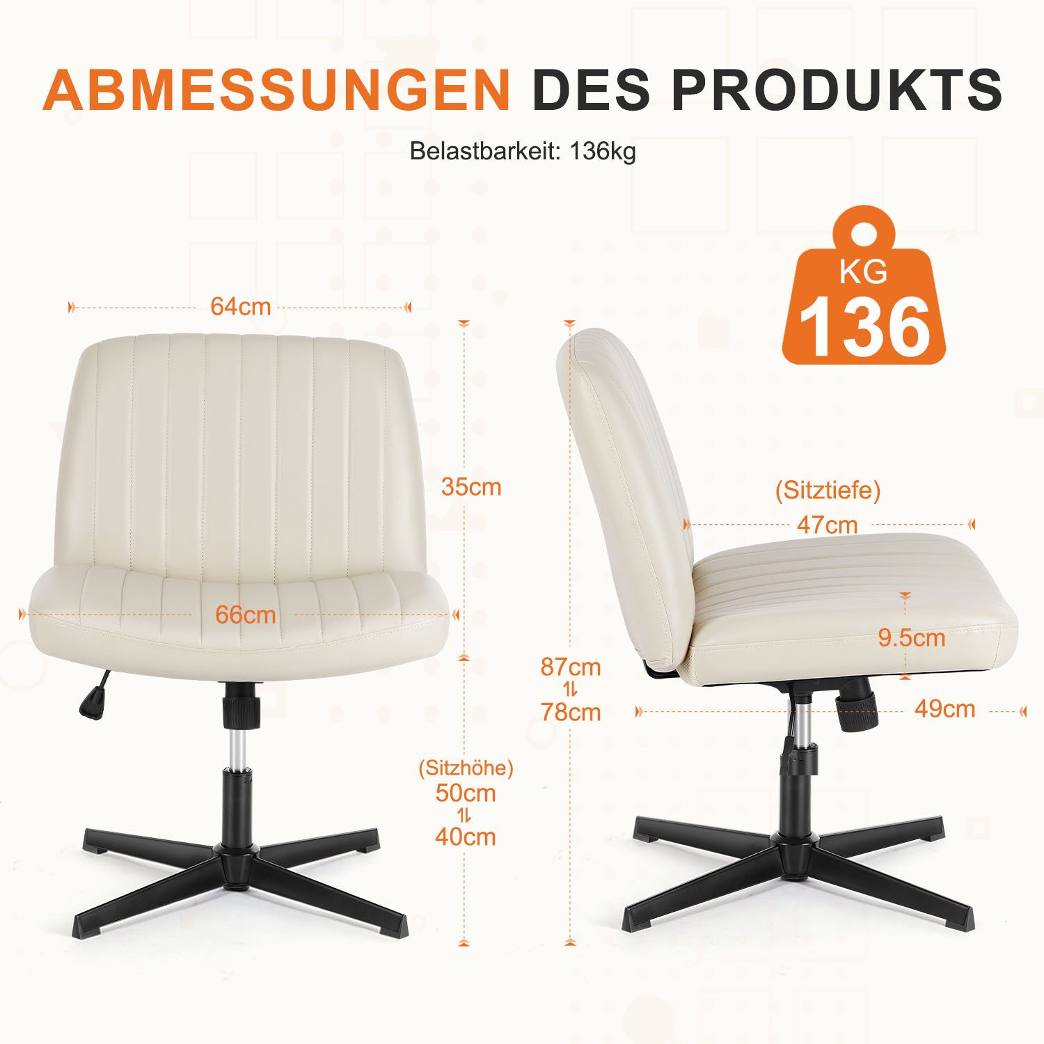 IDEASY Polsterstuhl Höhenverstellbarer Leder-Bürostuhl mit gepolsterter Sitzfläche (Liftsessel 49×66×78~87 cm,Freizeitsessel mit verstellbarer Rückenlehne), Kreuzfuß belastbar bis 135 kg mit Rückenlehne Drehbarer Arbeitsstuhl