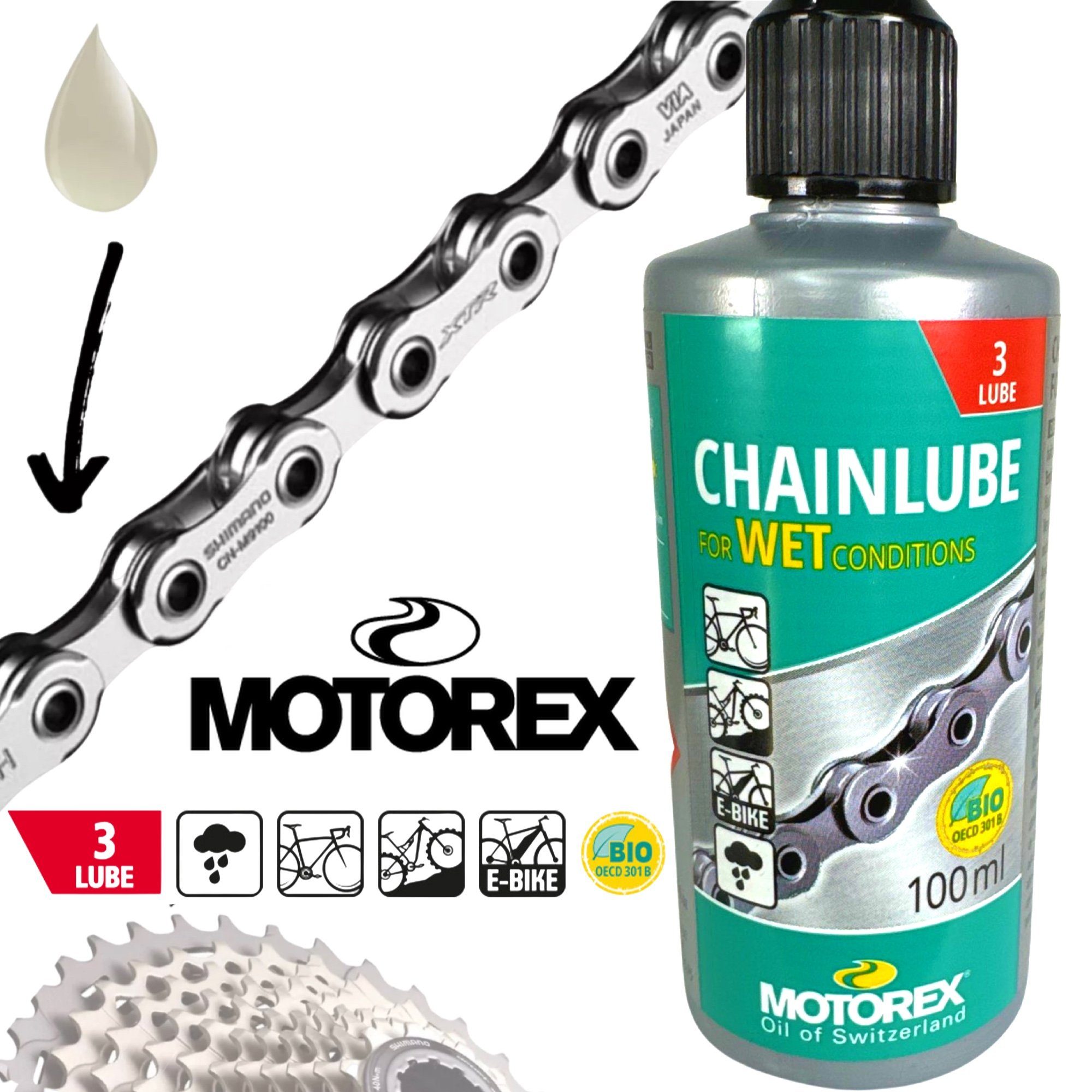 Motorex Fahrrad-Montageständer Motorex Fahrrad MTB Road Ebike Kettenöl Chainlube Wet Conditions 100ml