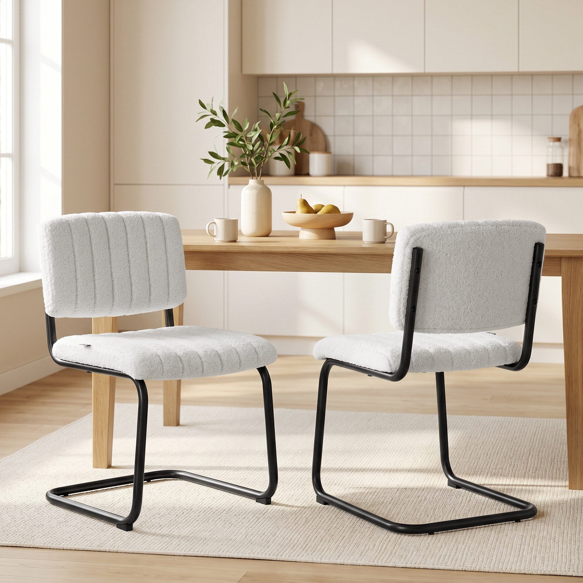 OKWISH Esszimmerstuhl Freischwinger Stuhl 2er Set mit hoher Rückenlehne Creme (Küchenstuhl Set für Tisch und Essbereich modernes Design, 2 St), Polsterstuhl mit Lammfell Optik für Küche und Wohnbereich