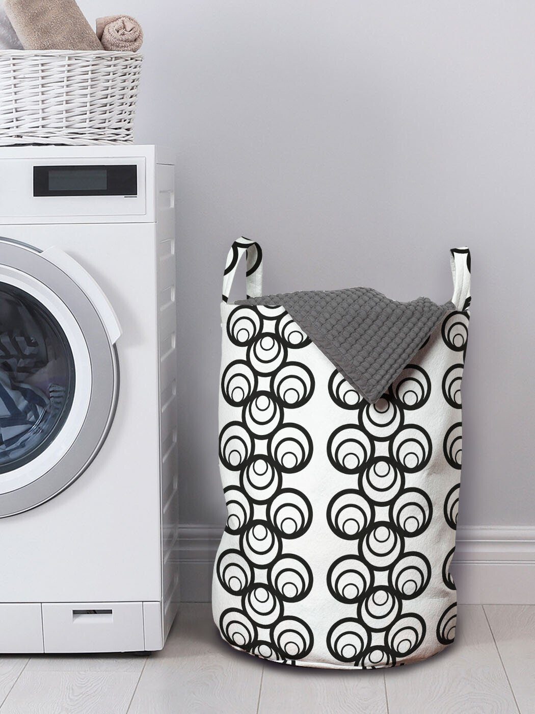 Wäschesäckchen für Abstrakt Waschsalons, Kordelzugverschluss Griffen mit Wäschekorb Monotone Grafik Abakuhaus Kreise
