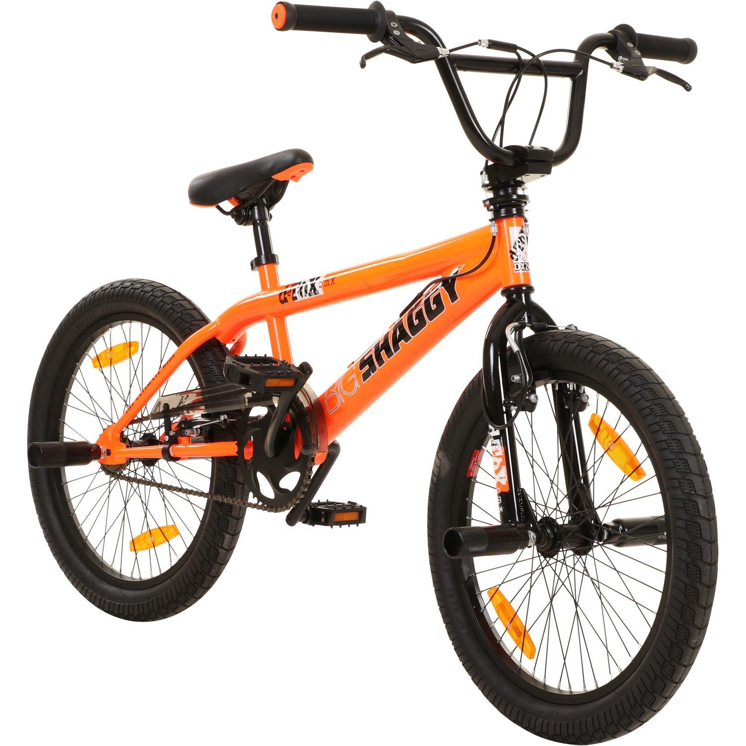 deTOX BMX-Rad Big Shaggy, 1 Gang, ohne Schaltung, BMX 20 Zoll Fahrrad ab 145 cm mit 4 Pegs und 360° Rotor unisex Jugend orange/schwarz