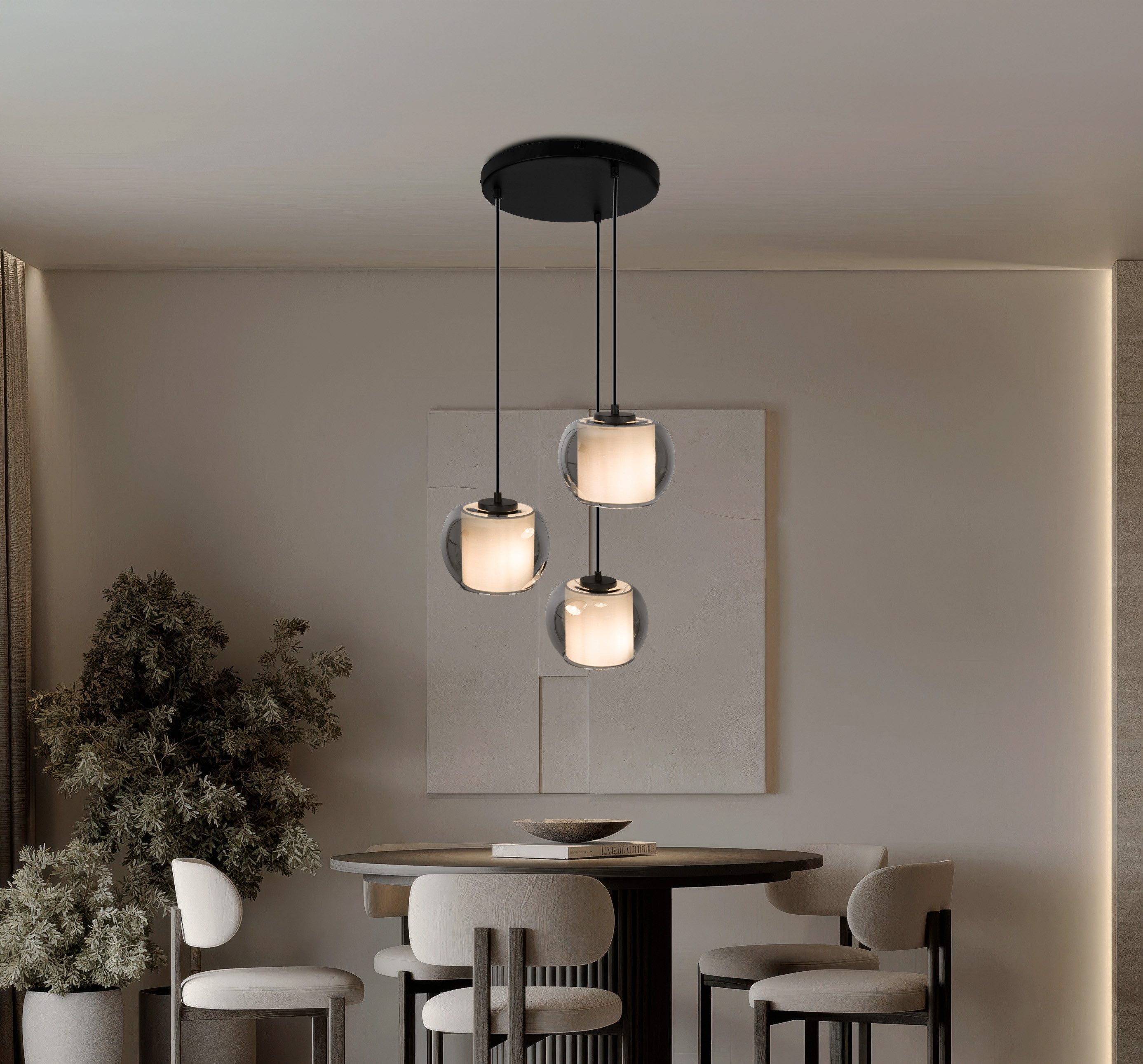 OTTO home Pendelleuchte Tanissa mit Doppelschirm, ohne Leuchtmittel, Pendellampe, 3er Rondell, Rauchglas, Stoffschirm, E27, Glasschirm