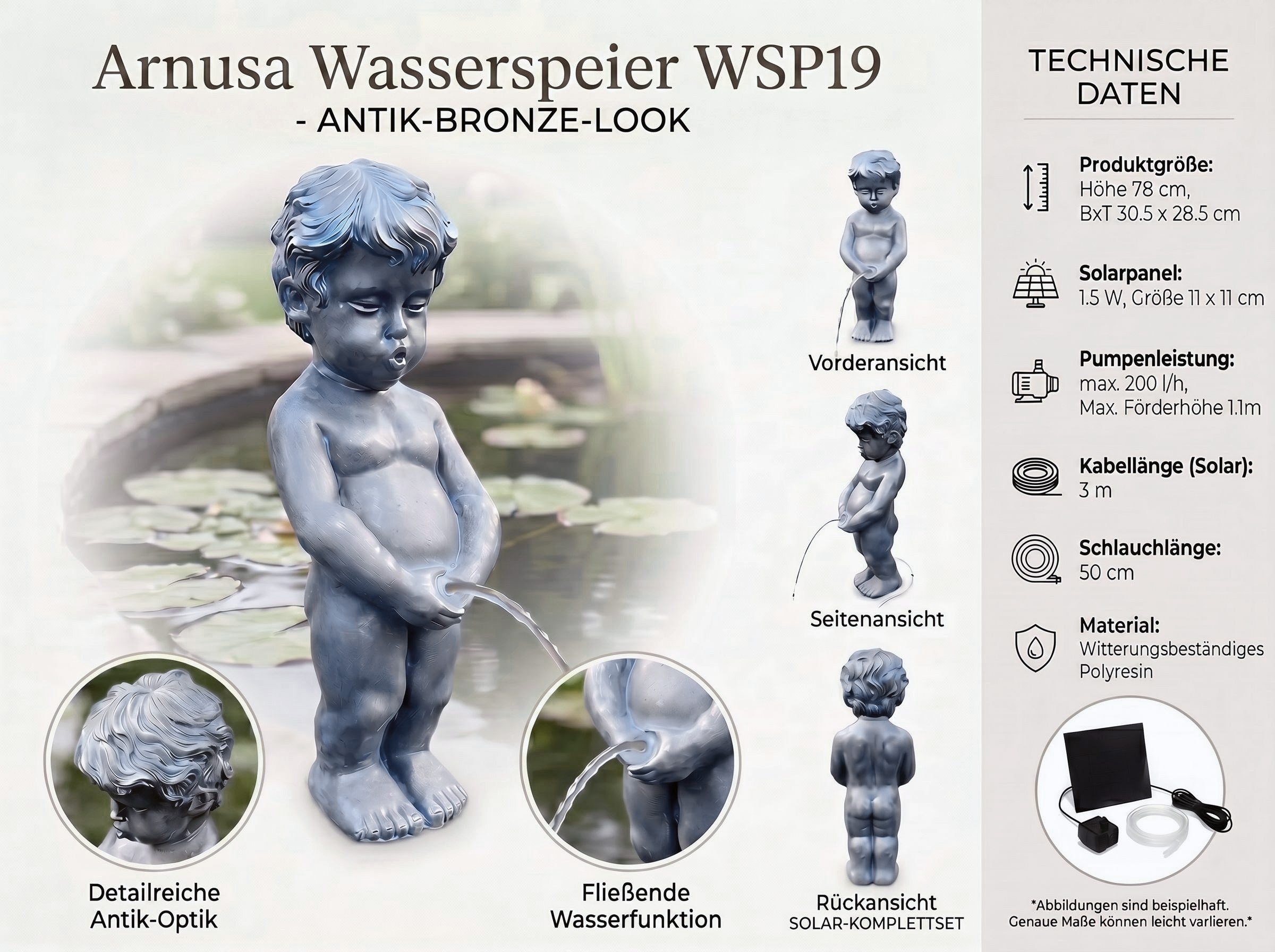 Arnusa Wasserspeier Solar Wasserspiel Junge klassisch Gartendeko, Teichdekoration Teichfigur Springbrunnen ohne Strom