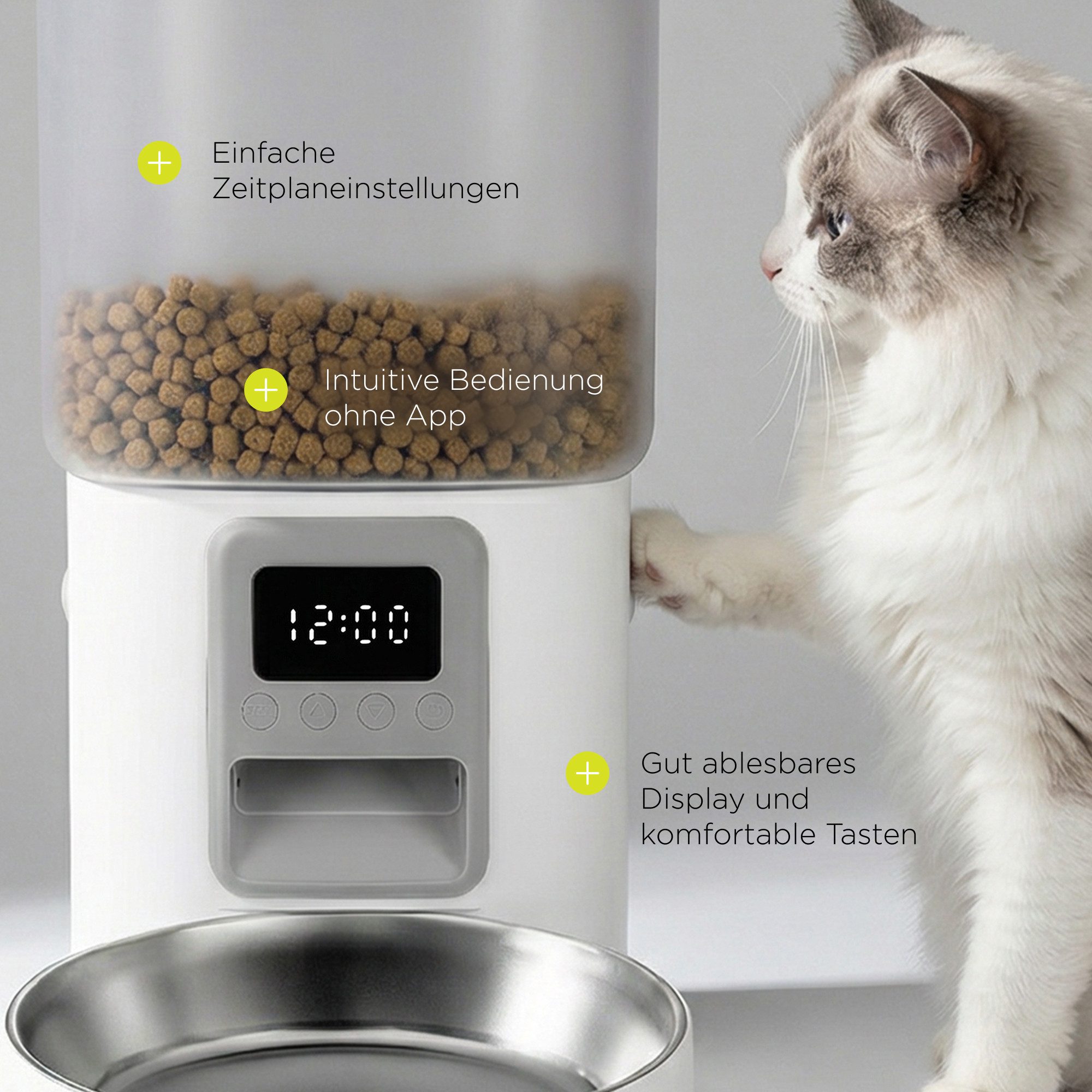 Peluvio Katzen-Futterautomat CRIPSY CAT, 4,5L Vorrat / LCD-Display / 4 Mahlz./Tag / Batterienotbetrieb
