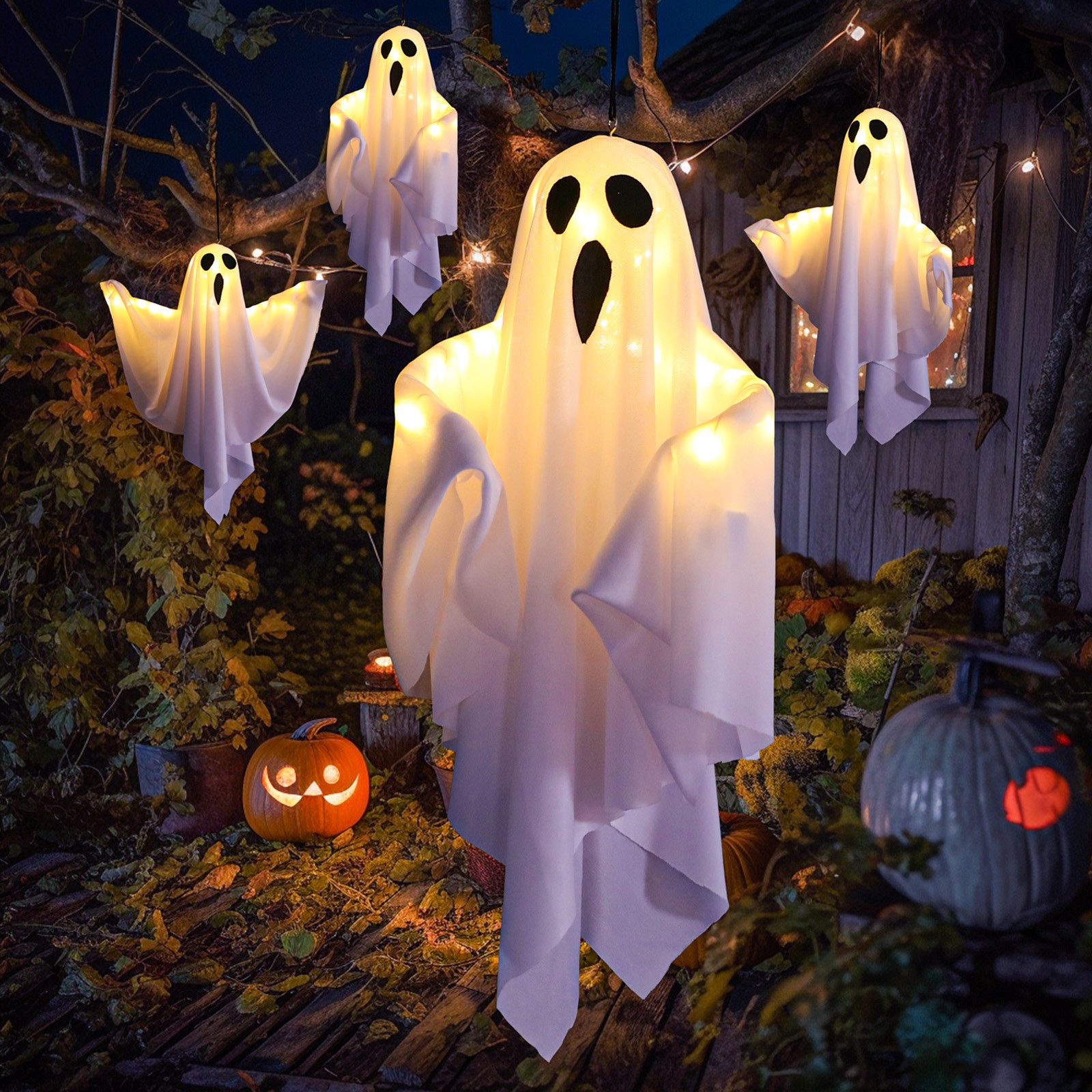 Lapamax LED-Lichterkette Halloween-Gespenst, Hängende Geister, warmweiß, 3 Lichtmodi, Batteriebetrieb, Stofffigur für Garten,Terrasse, Hof,Veranda