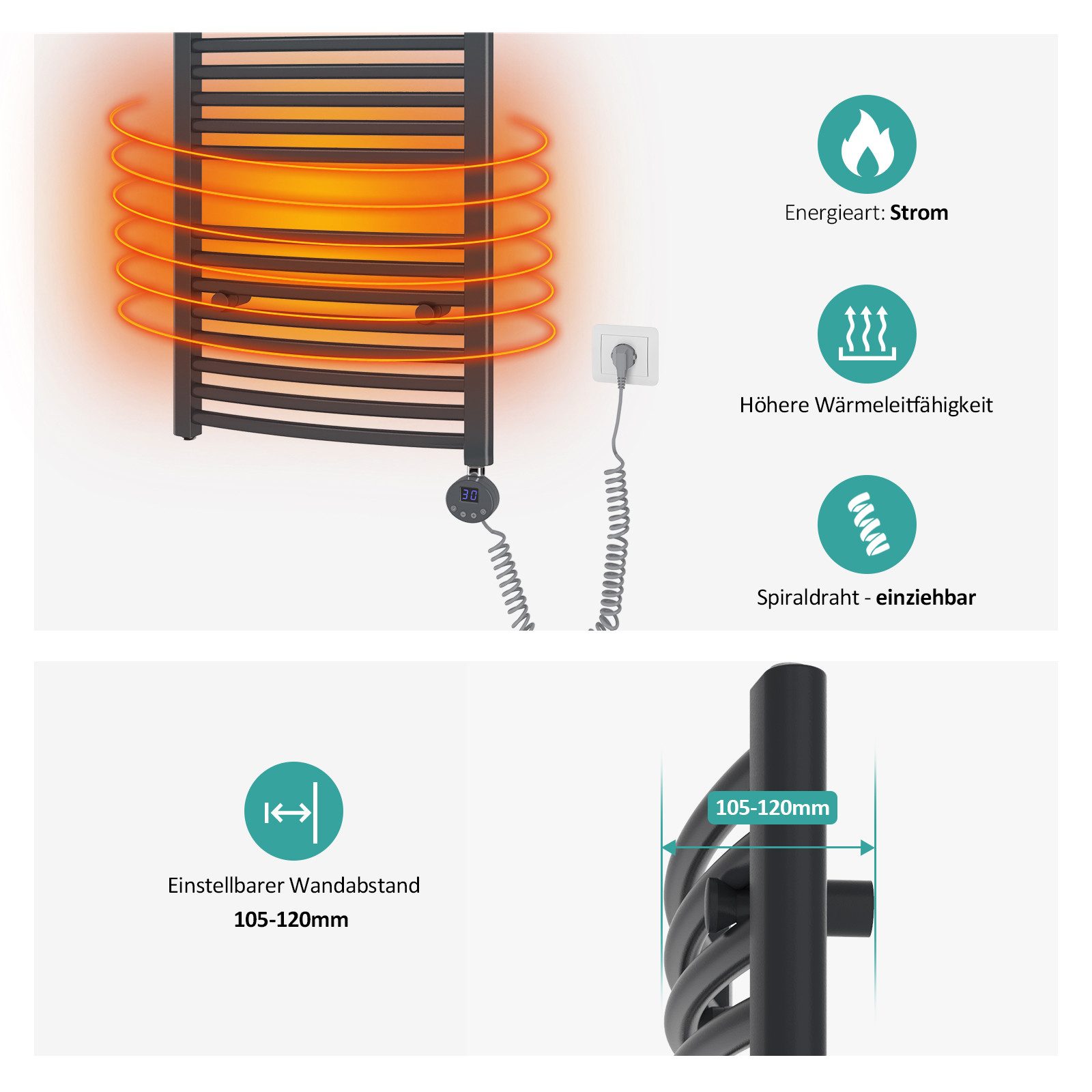 EMKE Elektrischer Badheizkörper Anthrazit 75x50cm 300W, mit Thermostat LCD Display Timing Funktion gebogene Form – Bild 4 von 5